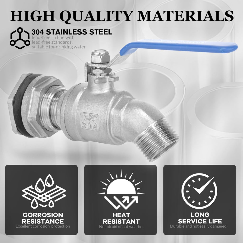 Rain Barrel Spigot Kit 3/4" Stainless Steel Double External Thread Ball Valve+3/4" Garden Hose Bulkhead Fitting for Rain Barrels Aquariums Water Tanks Tubs Pools Spigot