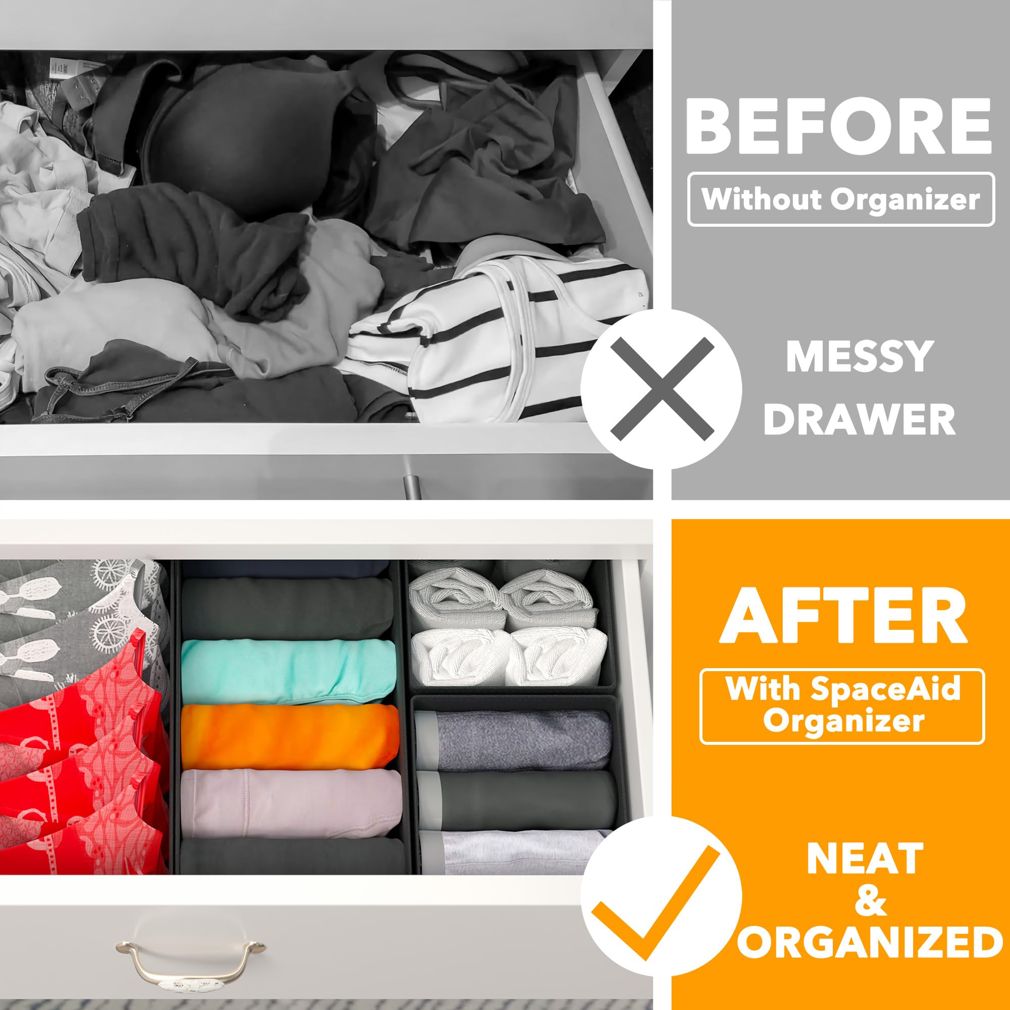 SpaceAid Drawer Organizer for Clothes, 12 Pack Dresser Drawer Organizer Bins, Closet Organizers and Storage Dividers for Clothing, Underwears, Socks (Black)