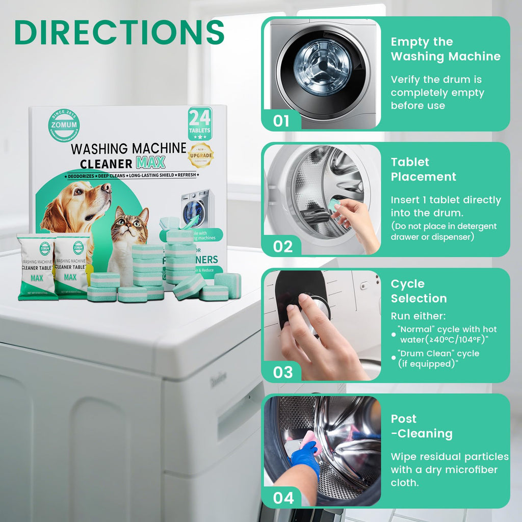 Upgrade Washing Machine Cleaner Tablets - 50% Stronger Formula: 24 Pack - 12 Month Supply, Specially for Pet Owners to Easy Pet Hair Remover for Laundry, Compatible with HE, Top & Front Load