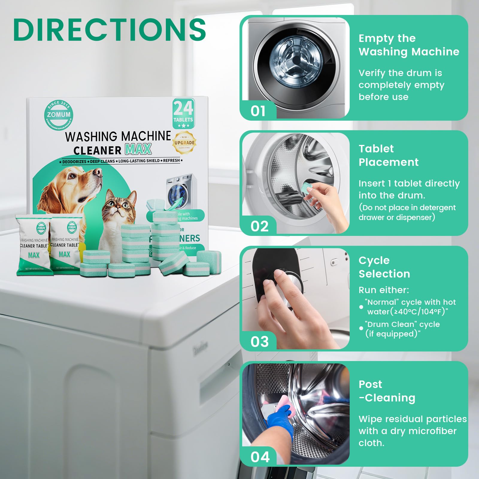 Upgrade Washing Machine Cleaner Tablets - 50% Stronger Formula: 24 Pack - 12 Month Supply, Specially for Pet Owners to Easy Pet Hair Remover for Laundry, Compatible with HE, Top & Front Load