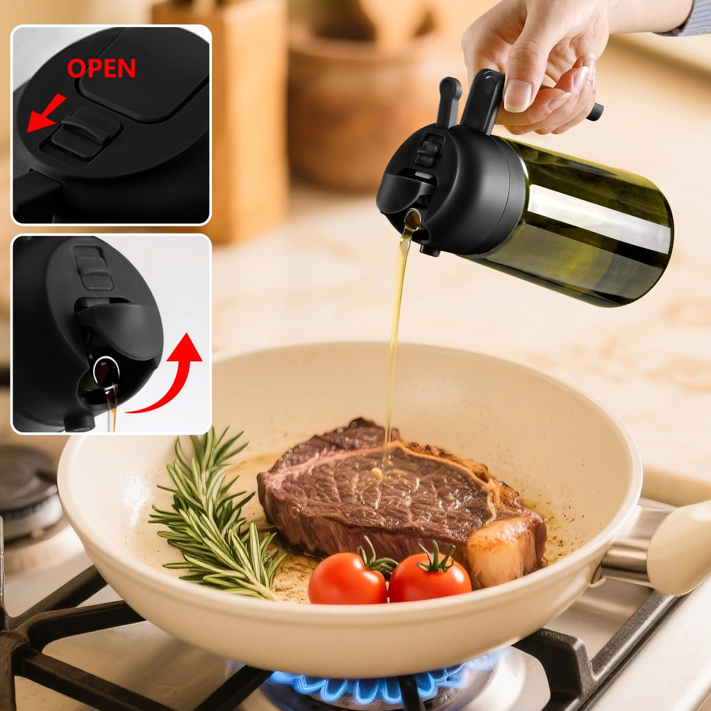 SWEET VIEW 2PCS Olive Oil Dispenser and Oil Sprayer – 16oz/470ml Glass Light-Proof Oil Pourer for Kitchen with Stickers for Air Fryer, Cooking, Salad, and BBQ