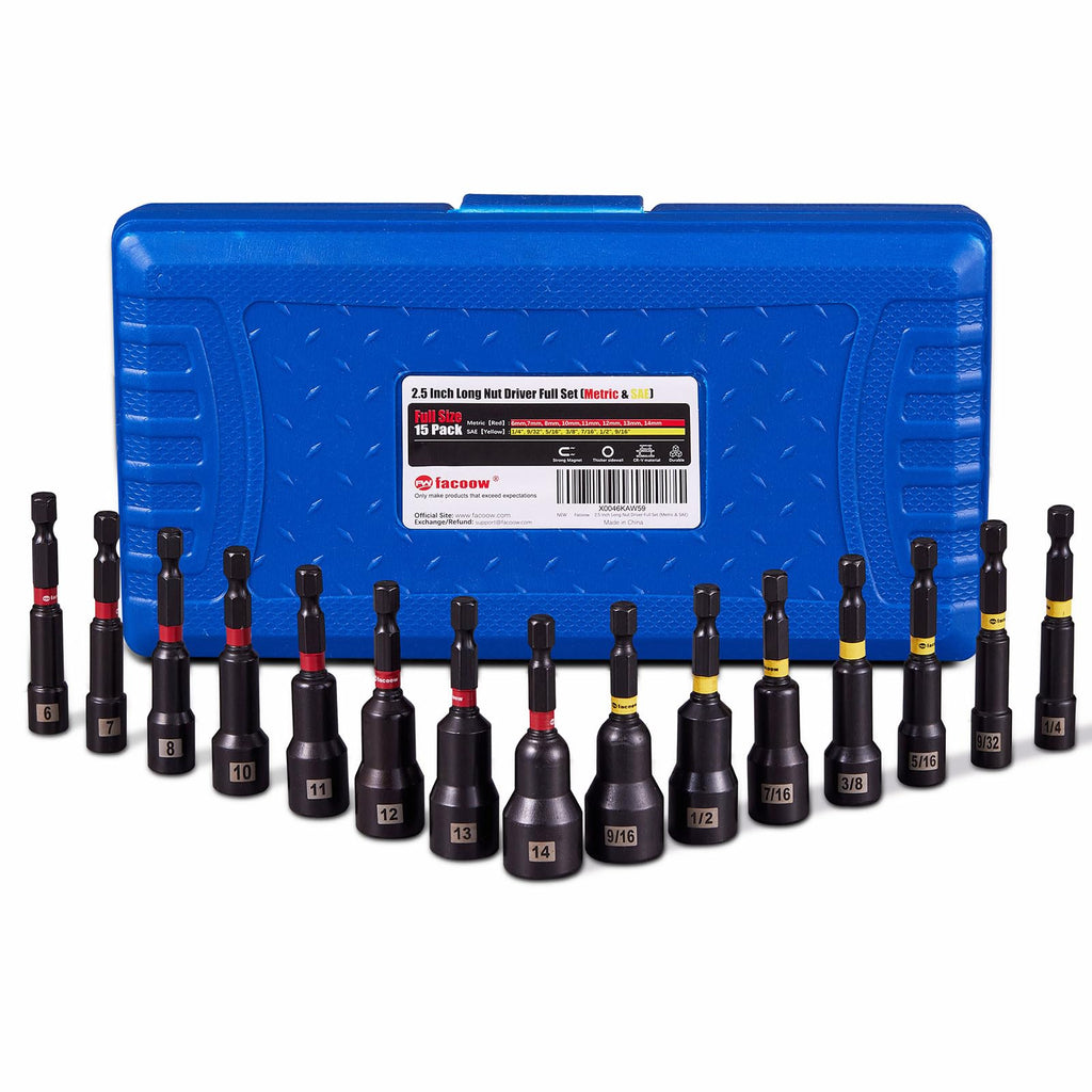 Facoow 15PCS Nut Drivers Set Magnetic, SAE & Metric Nut Drivers Set, Impact Nut Drivers for Impact Drills, 1/4" Hex Shank Standard Nut Driver with Storage Box, Durable for Professional, DIY Project