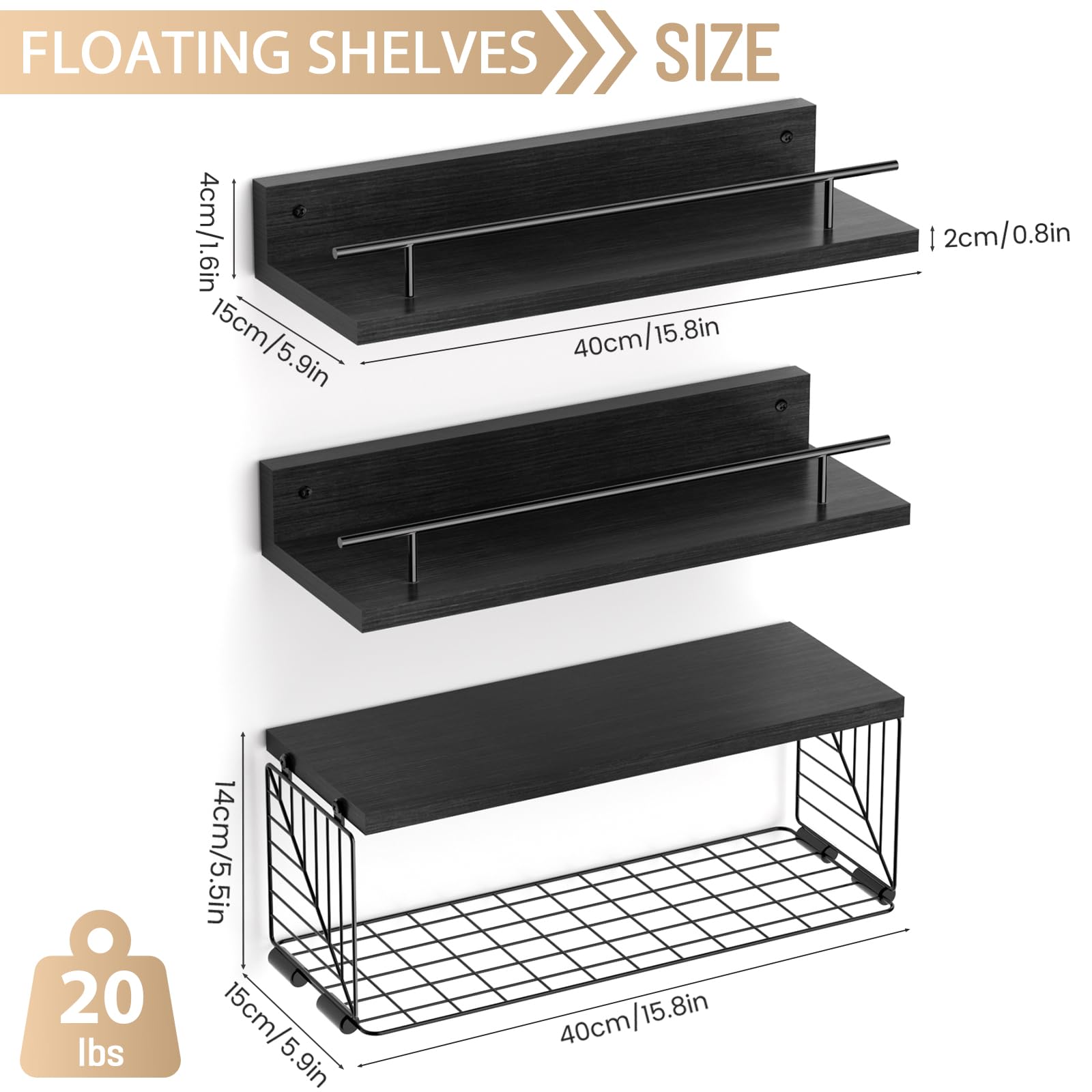 Kowsinde Bathroom Shelves with Wire Storage Basket, Floating Shelves Over Toilet with Protective Metal Guardrail, Wood Wall Mounted Floating Shelves for Bathroom, Living Room, Kitchen and Bedroom