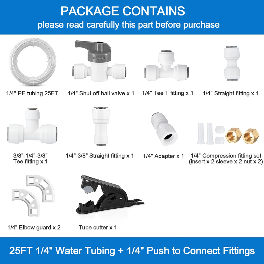 Refrigerator Water Line Kit - Food Grade Ice Maker Installation Kit for Refrigerator, 1/4" O.D. 25ft Water Pipe with Quick Connect Fittings for