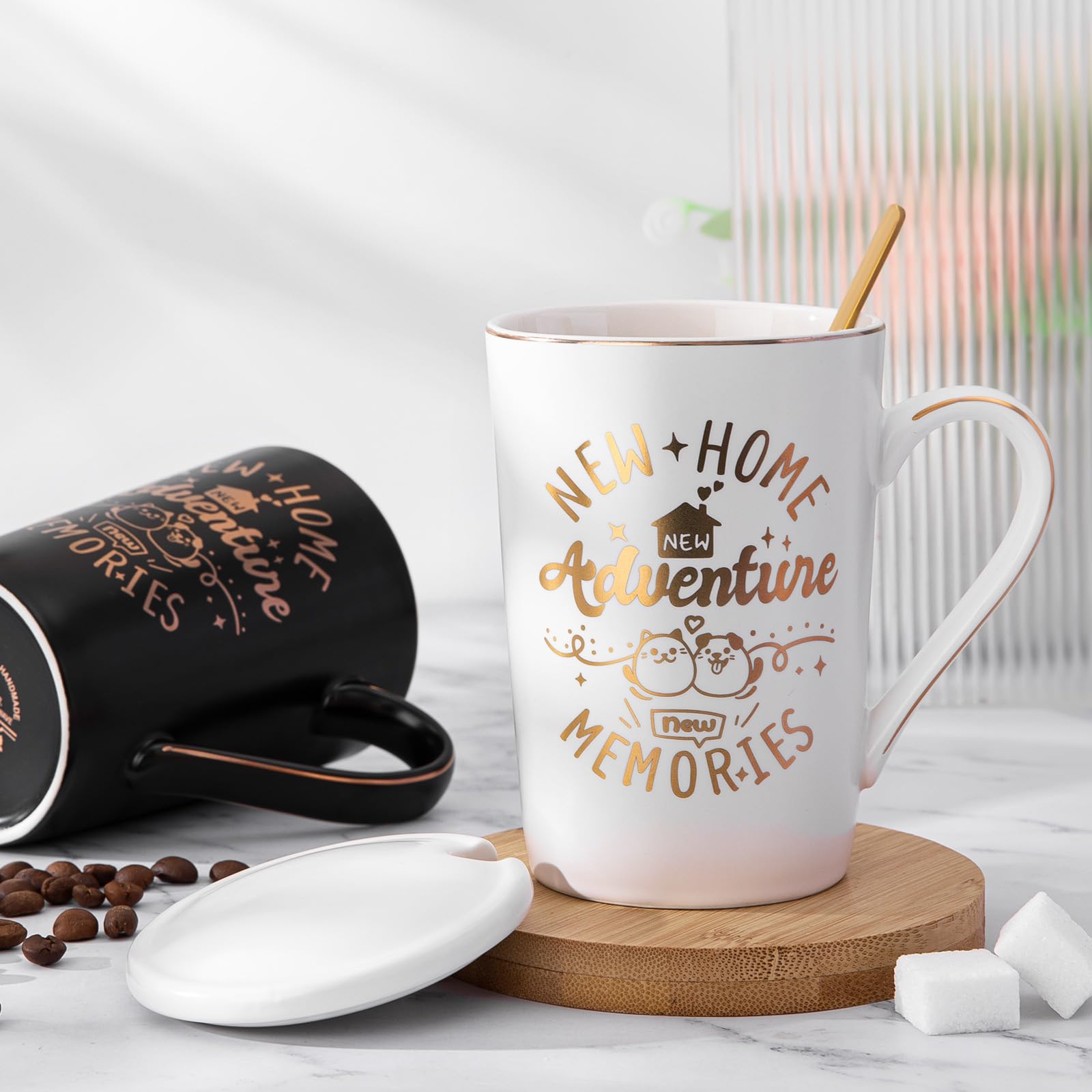 House Warming Gifts for New Home, New Home Gift Ideas for Couples, 14OZ Ceramic Couple Mug Set with Gold Spoon Greeting Card Luxury Box for Neighbor Friend