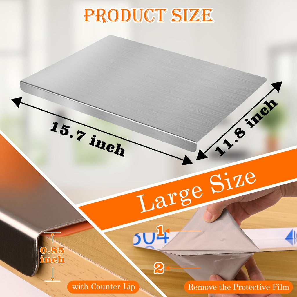 HUAKENER Cutting Board with Counter Lip, Stainless Steel Cutting Boards for Kitchen, Large Cutting Board with Silicone Mat for Meat, Fruits, Vegetables, Bread (15.7 x 11.8 Inch)