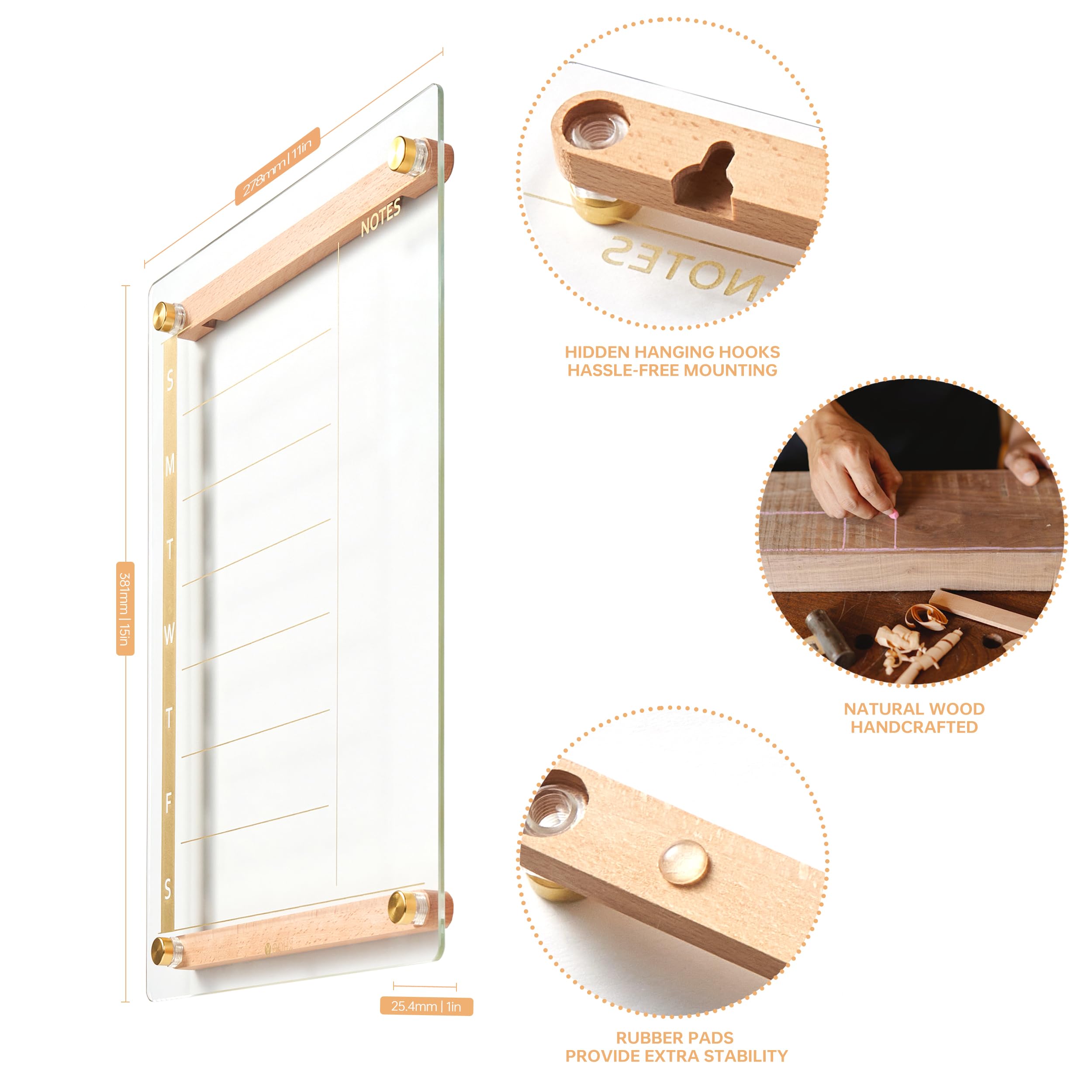 Clear Gold Glass Weekly Dry Erase Calendar Whiteboard with Wood Decoration for Wall, Menu & Meal Planner White Board for Home Kitchen, 15x11, Wood Marker Holder and 4 Markers Included, Yeoux