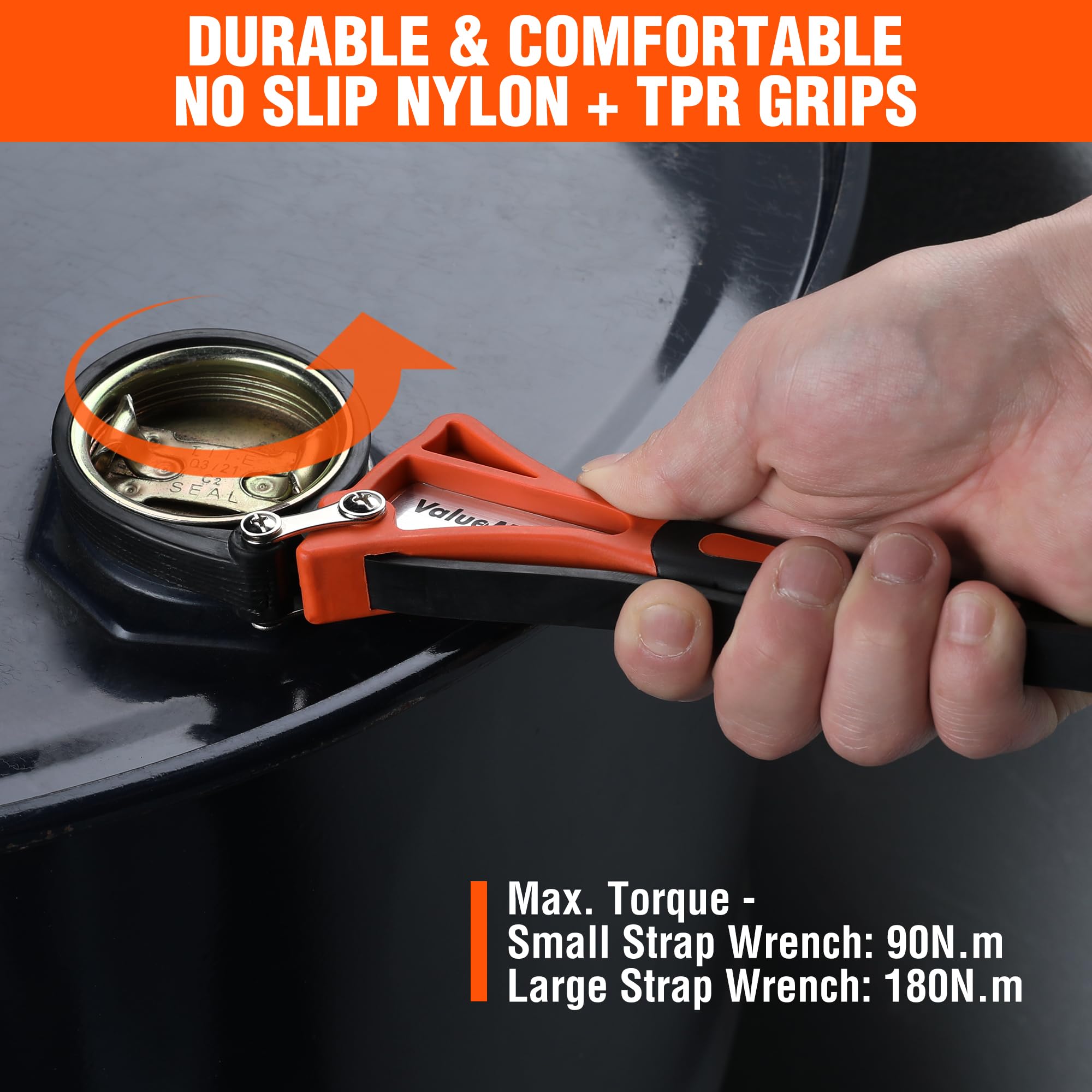 ValueMax 2-Piece Strap Wrench Set, Adjustable Wrench with Max Diameter 4" (Small) and 6"(Large), Oil Filter Wrench Set, Jar Opener, Shower Head Wrench, Water Filter Wrench, Orange