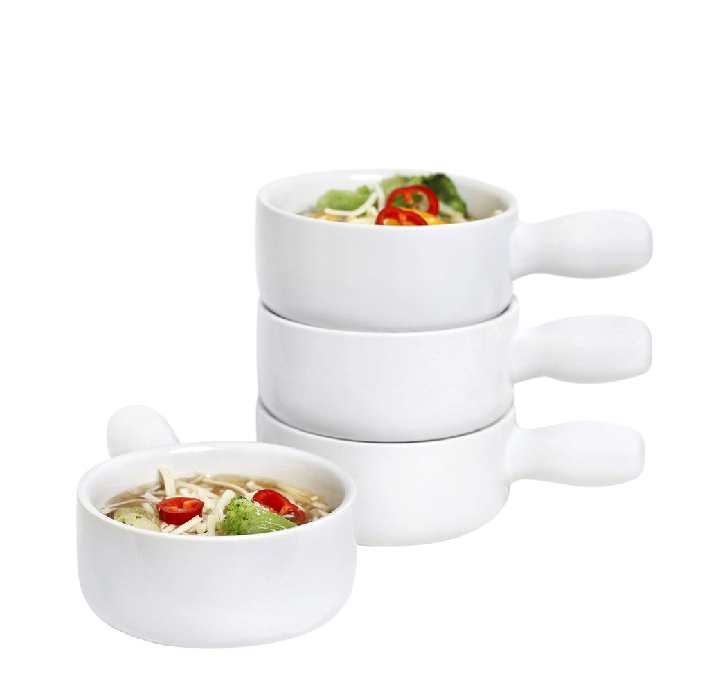 GOURMEX 12oz French Onion Soup Bowls with Handles | Stackable 12 Ounce Ceramic Bowl Set | Ideal Cereal, Salad or Soup Mug | Microwave, Oven and Dishwasher Safe | Set of 4 (12 Oz)