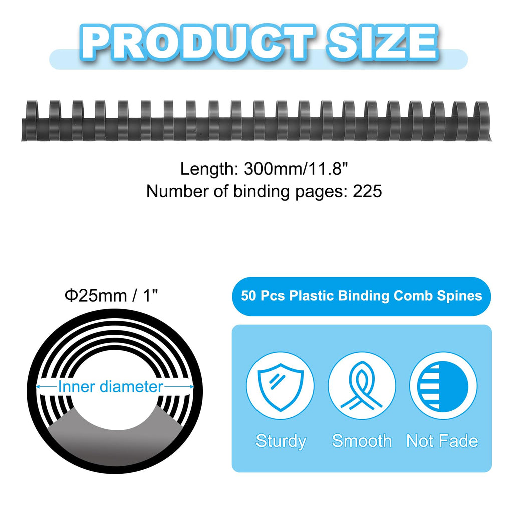 PATIKIL 25mm (1") Plastic Binding Combs, 50 Pcs 21 Rings Comb Binding Spines 225 Sheet Capacity Letter Size for Binding Paper Sheets Notebook Calendar Picture Album, Black