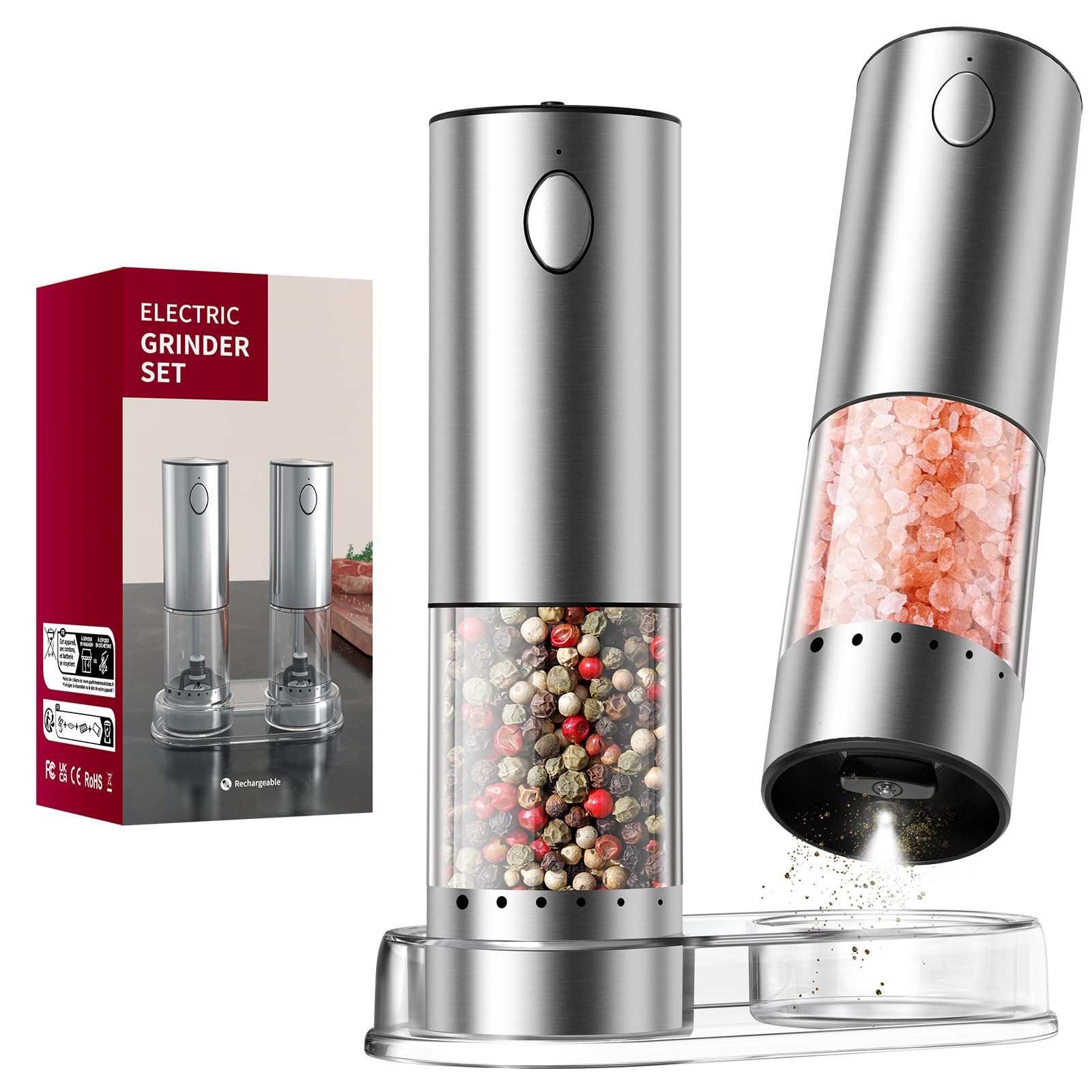 CIRCLE JOY Rechargeable Salt and Pepper Grinder Set with 6 Levels External Coarseness Adjustment, Stainless Steel Electric Salt Shaker and Dustproof Storage Base, 95ml Container, Led Light