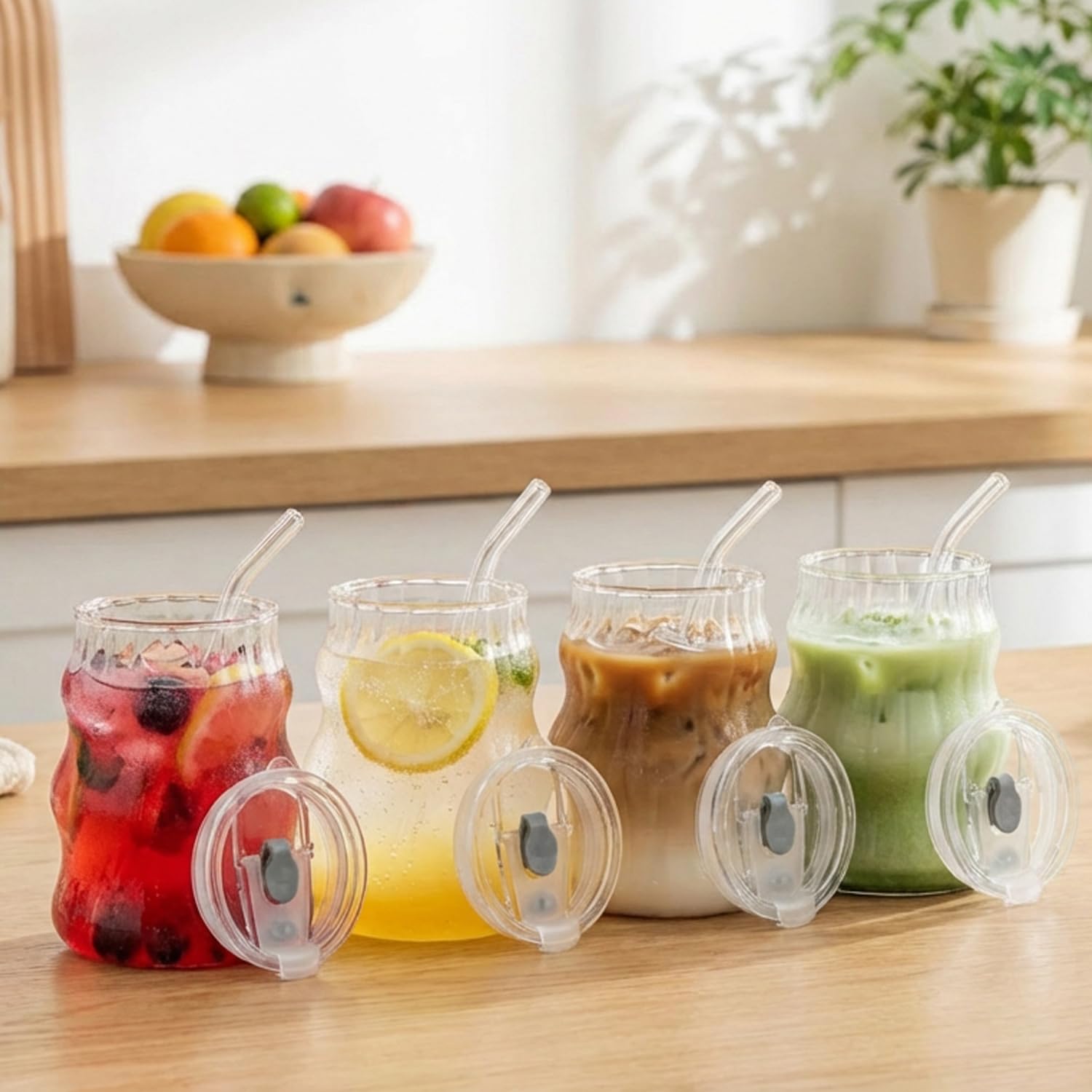 2 Pack Cloud Glass Cups with Lids and Straws - 18oz Ripple Glass Tumbler for Iced Coffee, Matcha, Smoothies - Aesthetic Ribbed Drinking Glasses, Also for Overnight Oats Containers with Lids