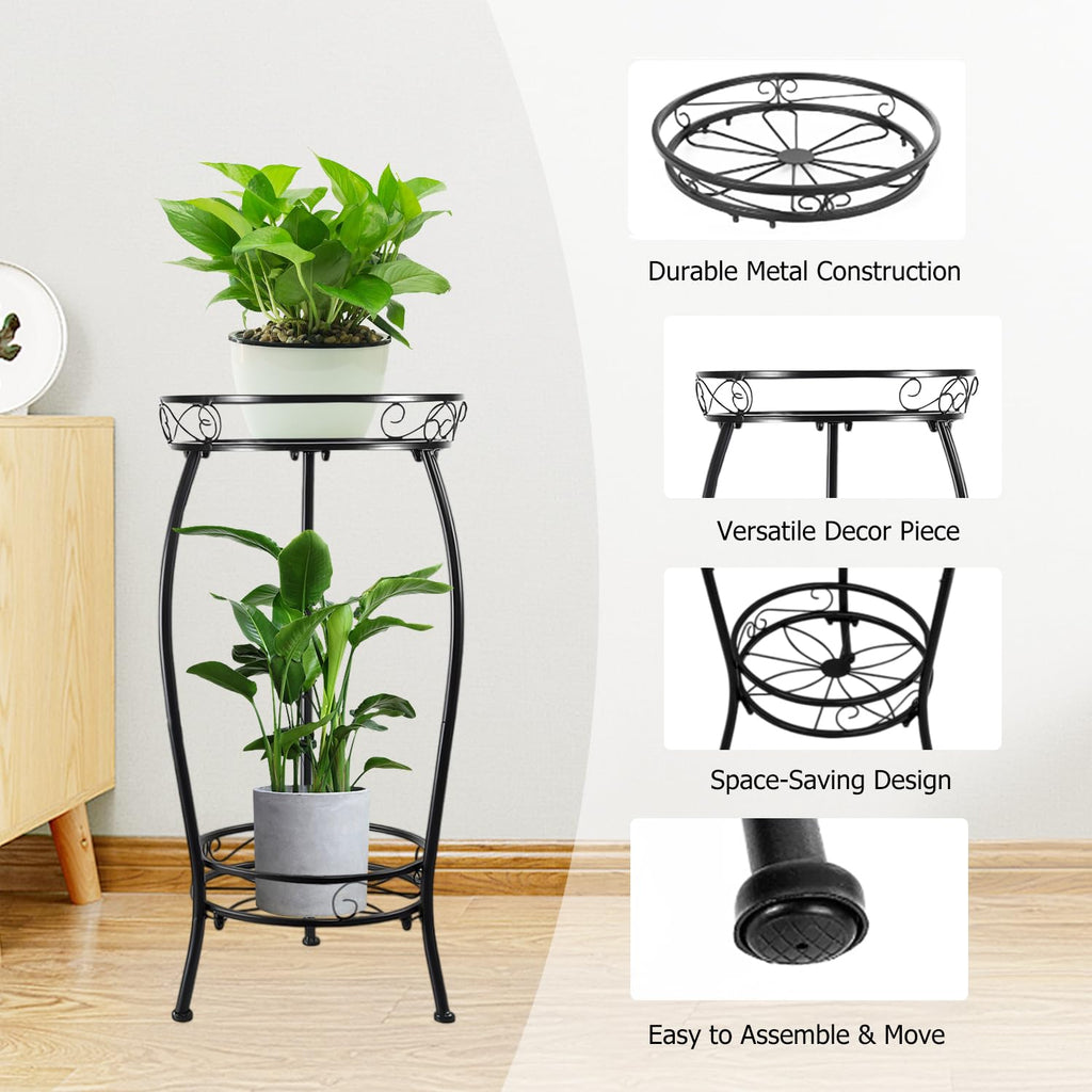 ILIYAH Metal Plant Stand Indoor - 2-Tier Metal Round Shelf Plants Stand, Space-Saving 27″ Indoor Plant Stand for Home Décor (Black)