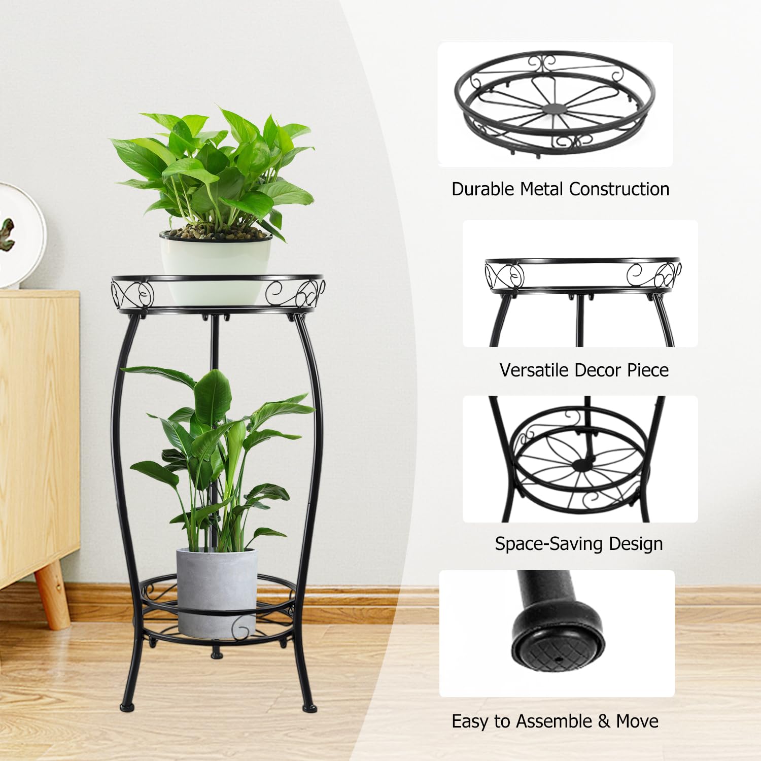 ILIYAH Metal Plant Stand Indoor - 2-Tier Metal Round Shelf Plants Stand, Space-Saving 27″ Indoor Plant Stand for Home Décor (Black)