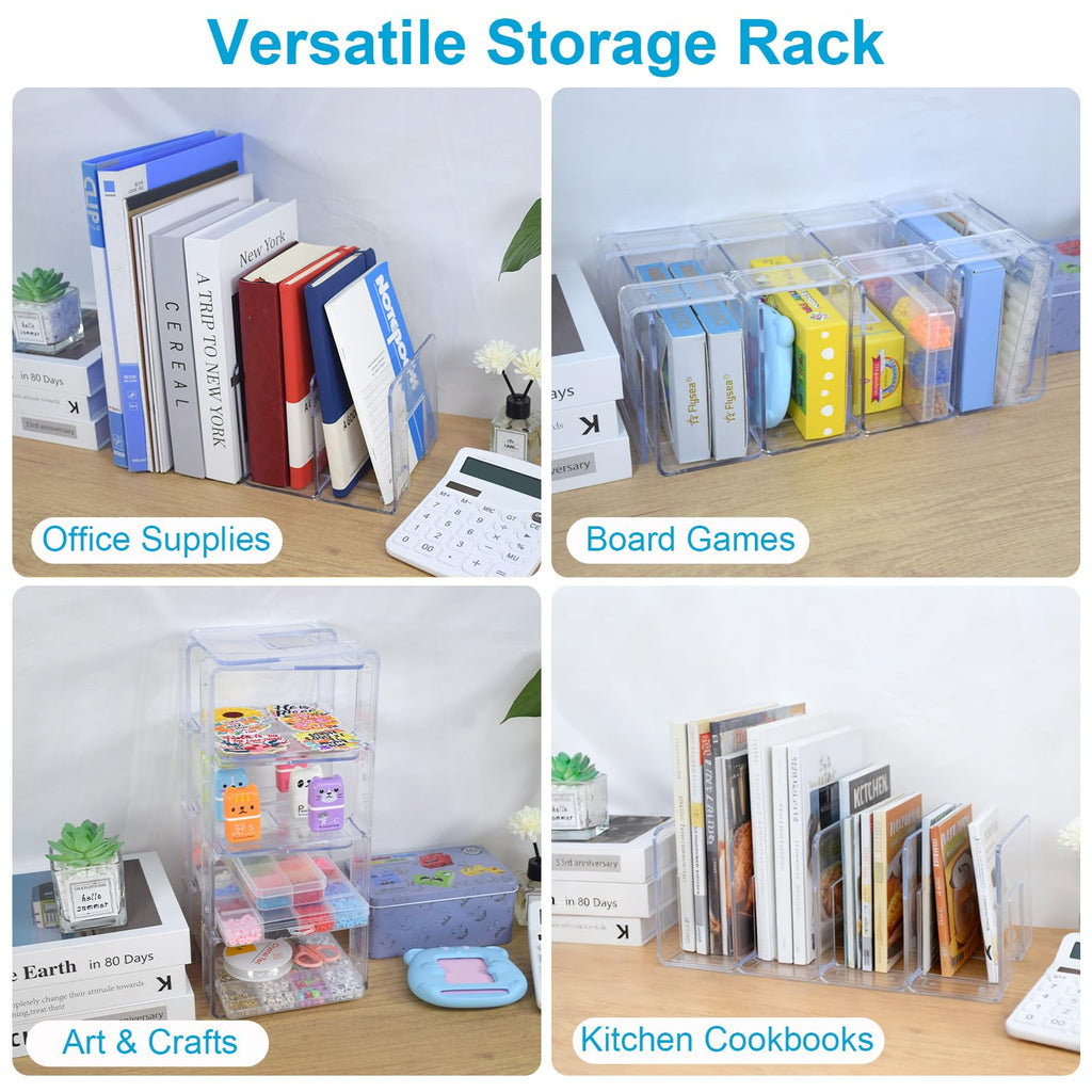 Marte Vanci Clear Acrylic File Sorter, Sturdy Desk File Organizer Shelf Book Holder Purse Handbag Clutch Divider File Folder Rack for Letter Cookbooks Home Office Kitchen Supplies 4 Sections (4 Pack)