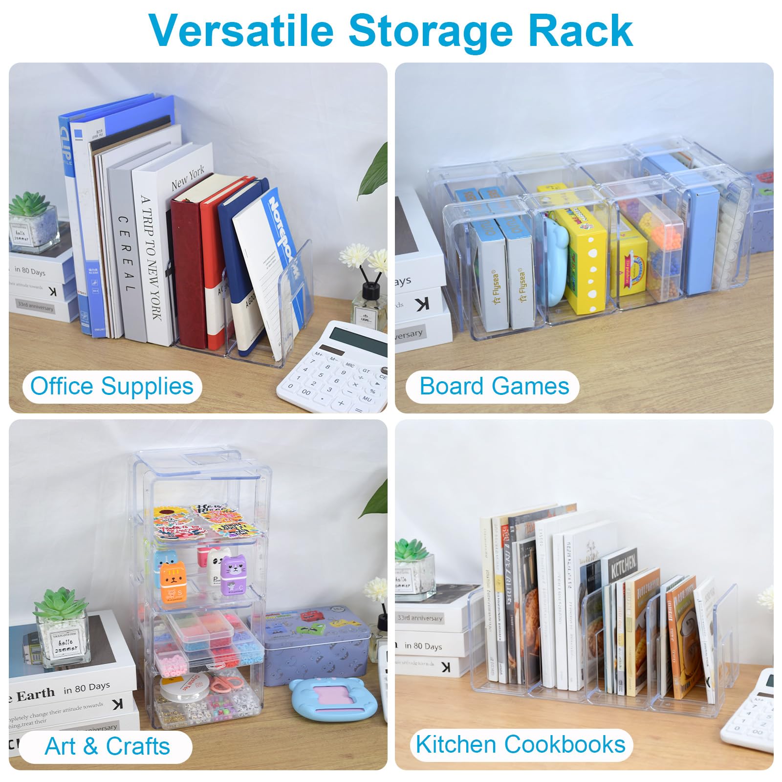 Marte Vanci Clear Acrylic File Sorter, Sturdy Desk File Organizer Shelf Book Holder Purse Handbag Clutch Divider File Folder Rack for Letter Cookbooks Home Office Kitchen Supplies 4 Sections (4 Pack)