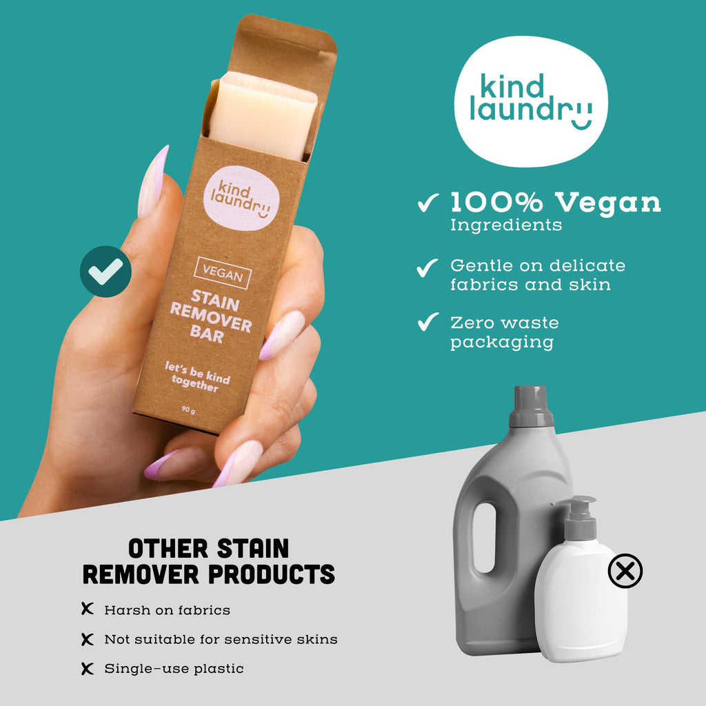 Kind Laundry - Vegan Stain Remover Bar, Travel Natural Stain Remover for Clothes, Gluten-and-Cruelty-Free Laundry Stain Remover, Unscented Baby Stain Remover for Laundry, 90 grams