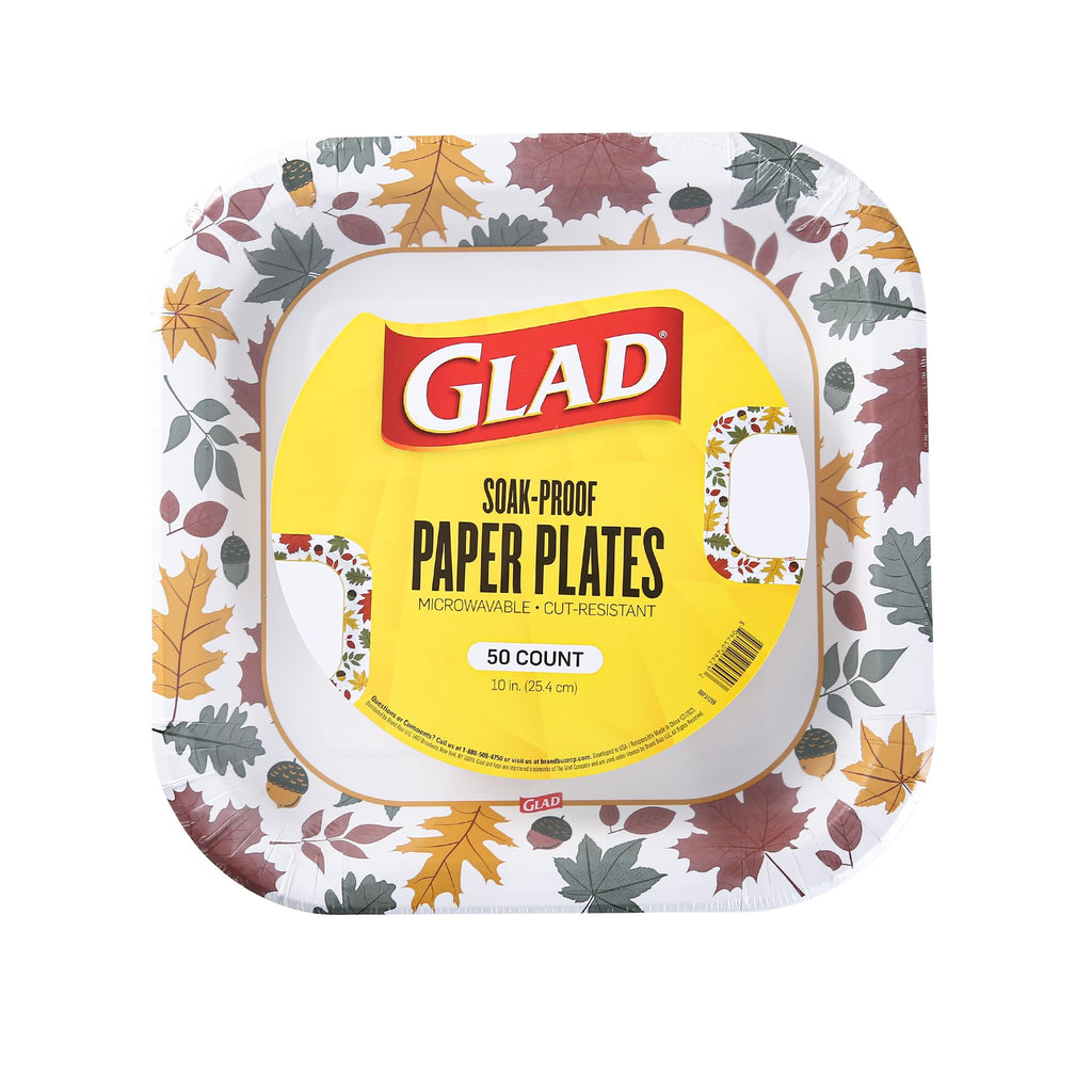 Glad Everyday Square Disposable Paper Plates with Falling Foliage Design | Cut-Resistant, Microwavable Paper Plates for All Foods & Daily Use | 10 Inches, 50 Count