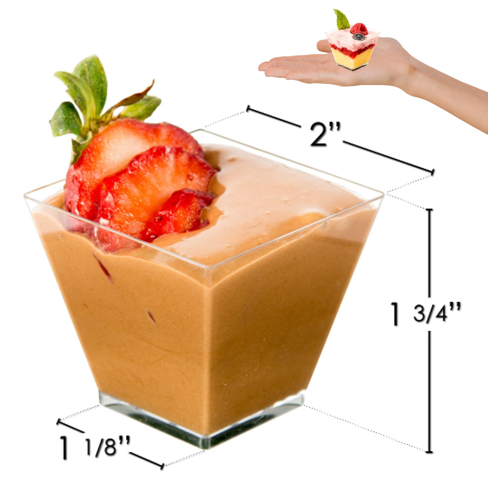 DLux 50 x 2 oz Mini Dessert Cups with Spoons, Square Short - Clear Plastic Parfait Appetizer Cup - Small Reusable Serving Bowl for Tasting Party Desserts Appetizers - with Recipe Ebook