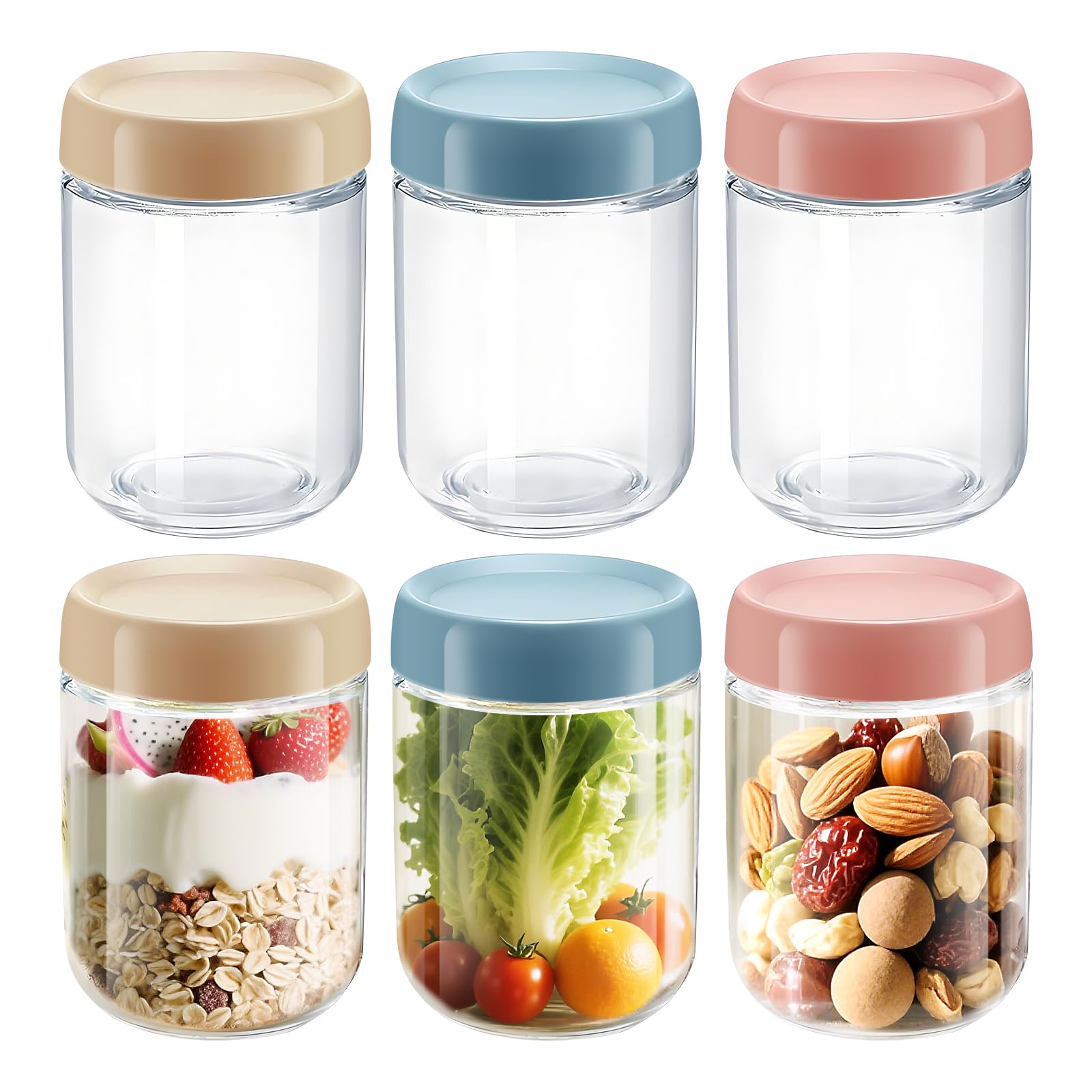 16 OZ Overnight Oats Jar, 6 Pack Overnight Oats Containers with Lids,Reusable Mason Jars, Meal Prep Containers with Lids, Glass Container Food Storage, Glass Jar for Oats,Yogurt,Snacks,Fruit