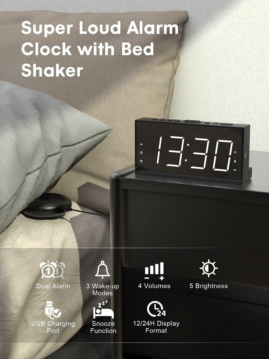 ROCAM Alarm Clock for Heavy Sleepers, Vibrating Alarm Clock with Bed Shaker Dual Alarms, 7.5" Large LED Display with 5 Brightness Dimmer, Alarm Clocks for Bedrooms, Deaf People