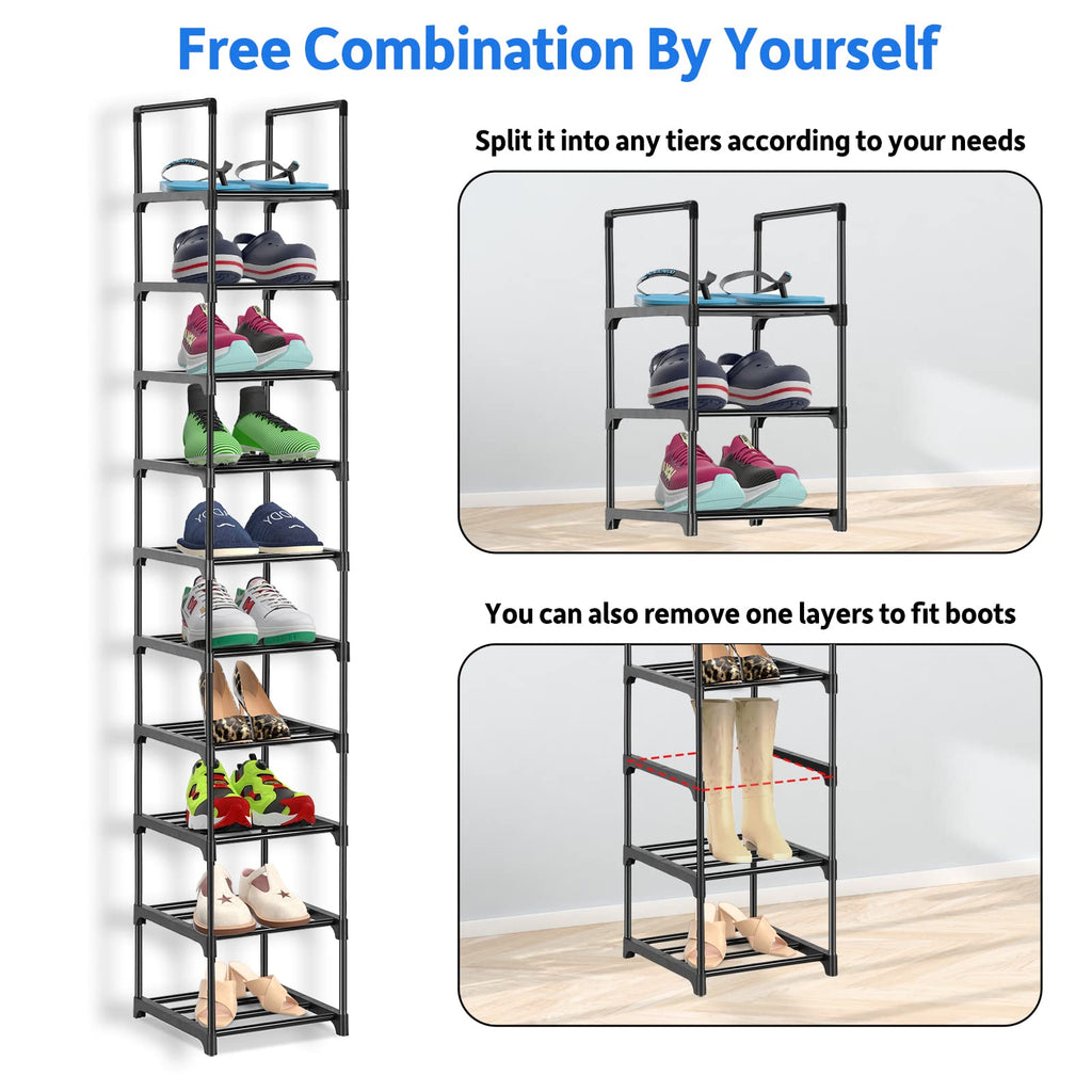 Olyzer 10 Tier Shoe Rack, Narrow Shoe Organizer, Space Saving,Vertical Shoe Stand Shelf for Living Room, Bedroom, Closet, Entryway, Grocery Room, 12.2'' x 12.2'' x 68.9''