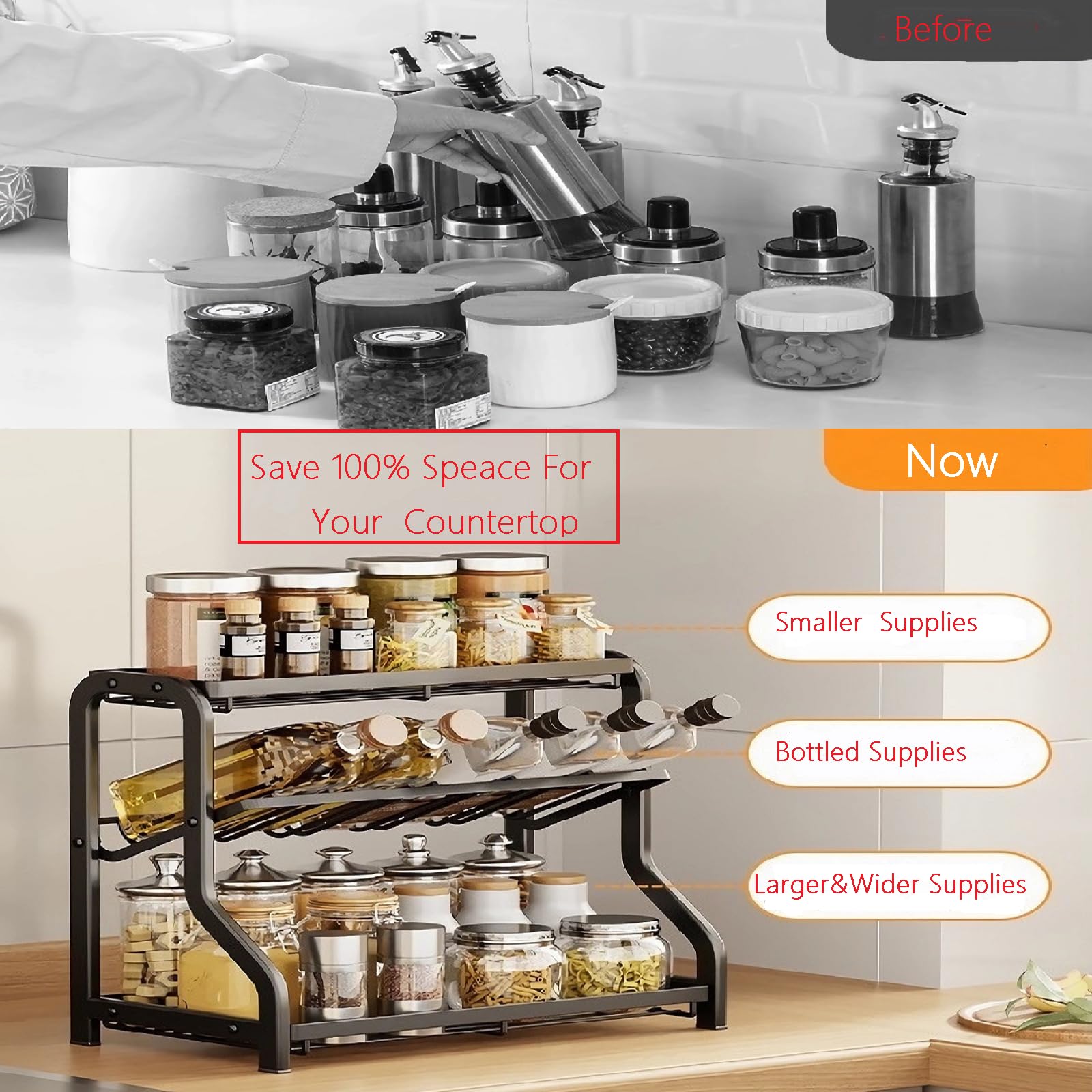 DadaoEC 3 Tier Countertop Organizer For Kitchen Black Steels Cooking oil bottle and Spice Seasoning Sauce storage rack Metal counter shelf for Cupboard