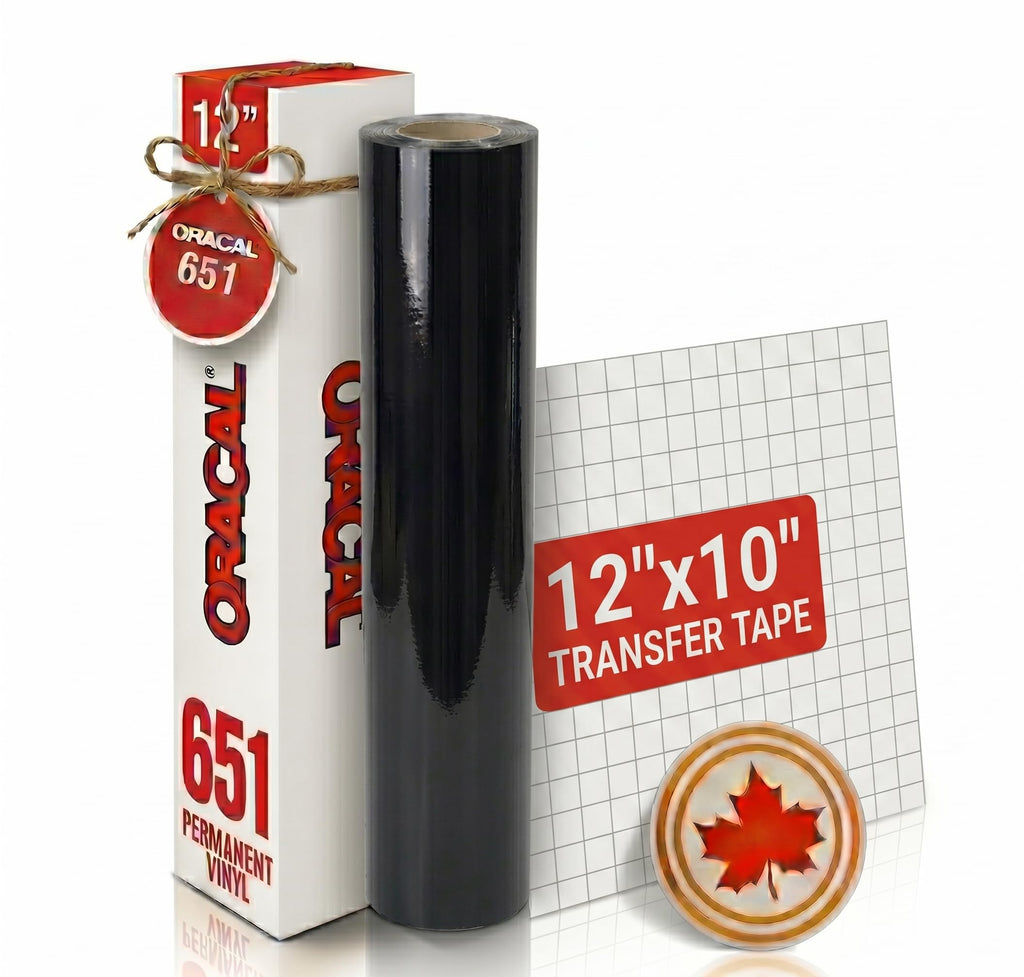Oracal 651 Gloss Permanent Adhesive Craft Vinyl (12Inch x 10ft Wrapped Around a 1.5" Core) -Bonus MapleLeaf Decal (Gloss, Black)