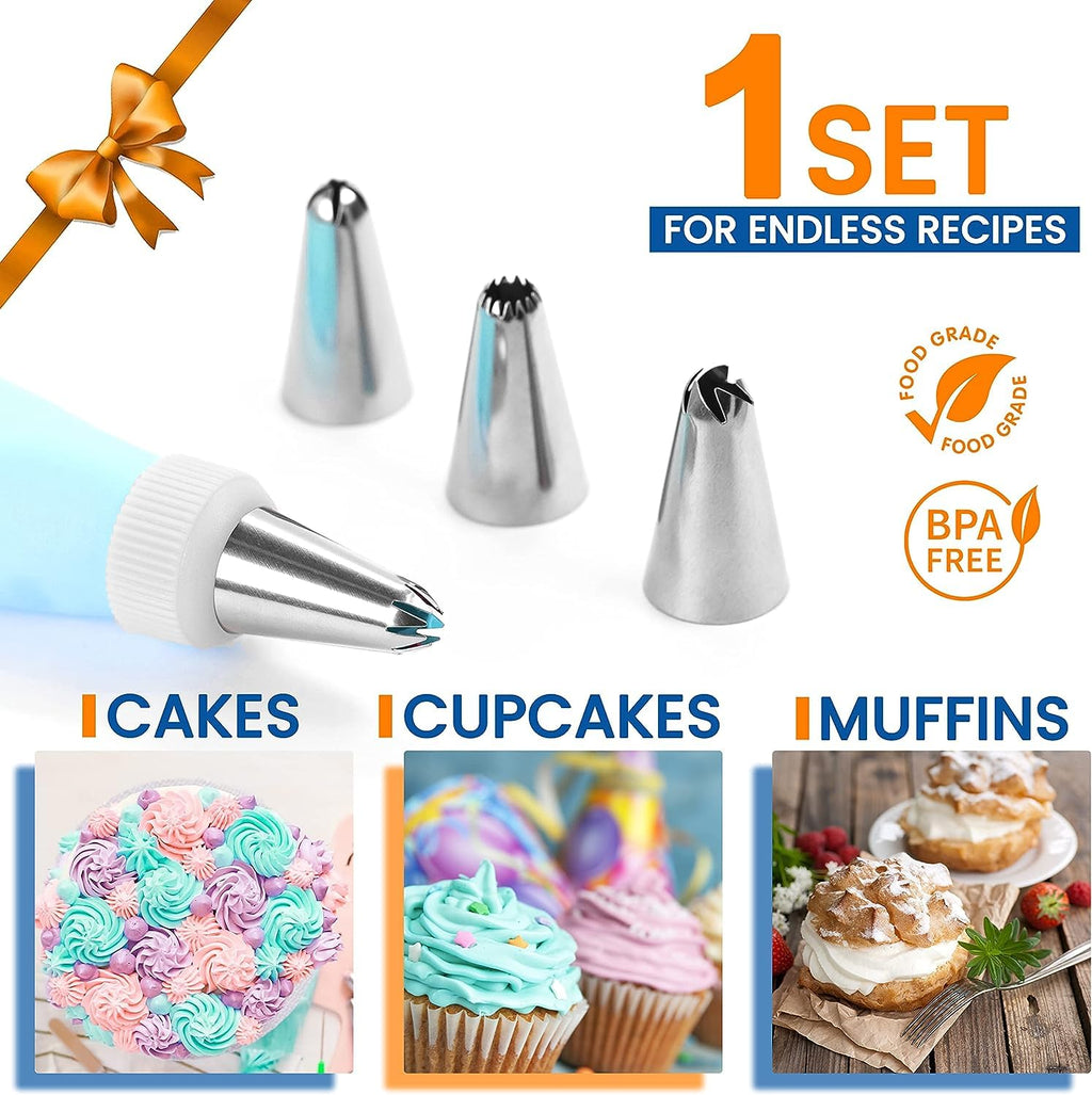 Piping Bags and Tips | RFAQK 100 PCs Cake Decorating Kit with Spatula-Scrappers-48 Numbered Stainless Steel Piping Tips & Icing Bags-Reusable Silicon Bag-Pattern Chart, EBook & Other Icing Piping Set