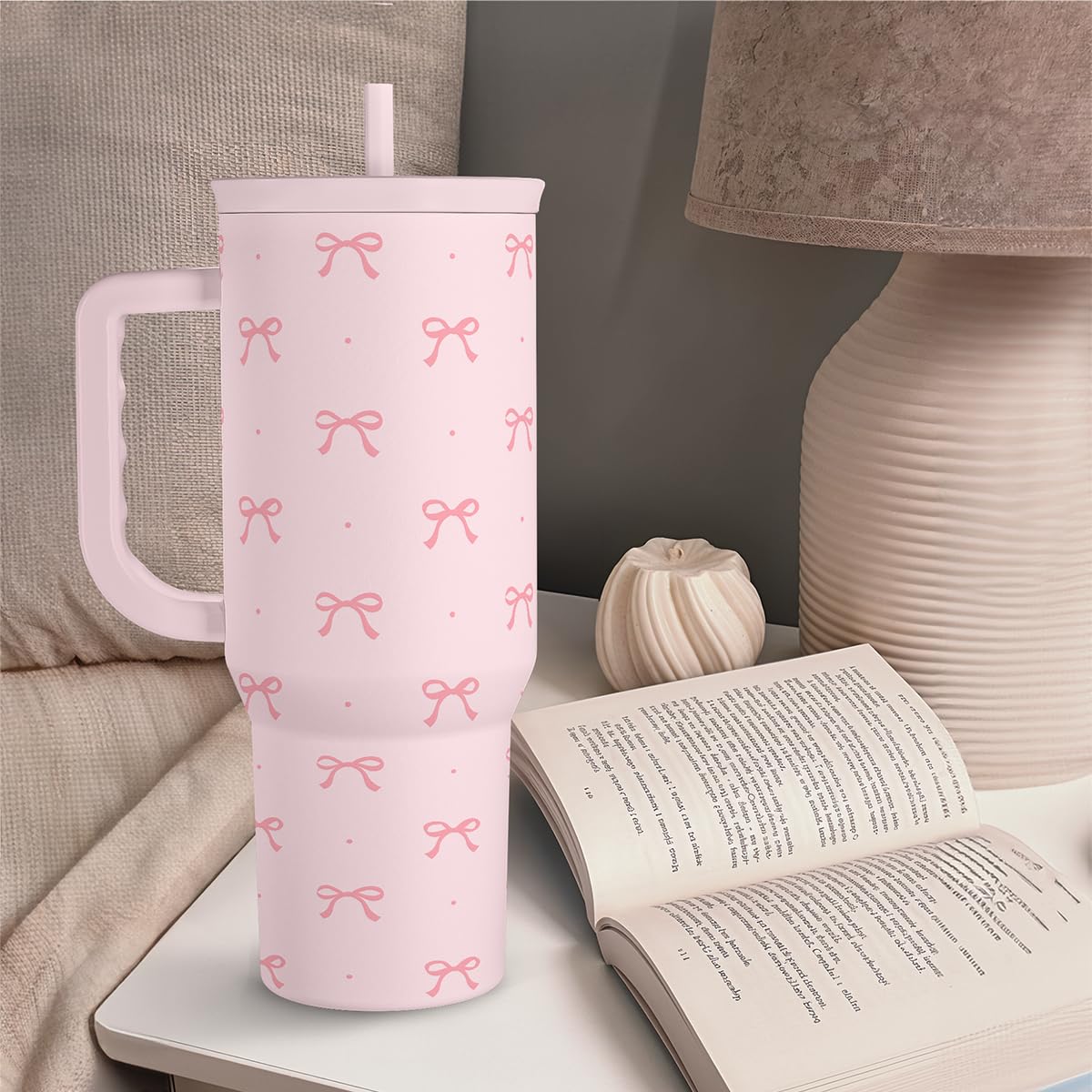 Gift for Women Girls - Coquette Bow Stainless Steel Tumbler with Handle, Travel Coffee Mug - Gifts for Birthday Christmas, 40oz