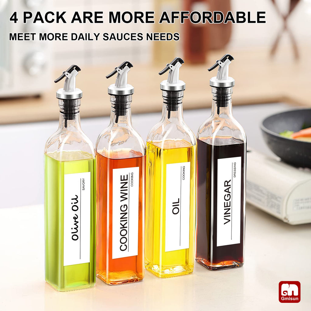 GMISUN Olive Oil Dispenser Bottle, Oil Dispenser Bottle for Kitchen, Cooking Oil and Vinegar Dispenser Set 4 Pack, Glass Oil Container Cruet-Oil Pourer Spout, Funnel and Labels, Clear for Oil, Vinegar