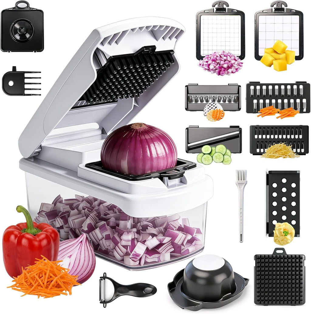 Chkout Vegetable Chopper with Container, 13-in-1 Mandoline Slicer Dicer & Spiralizer, Onion Veggie Chopper, Potato Fry Cutter, Manual Food Chopper, Kitchen Tools Gadgets, Stainless Steel Blades