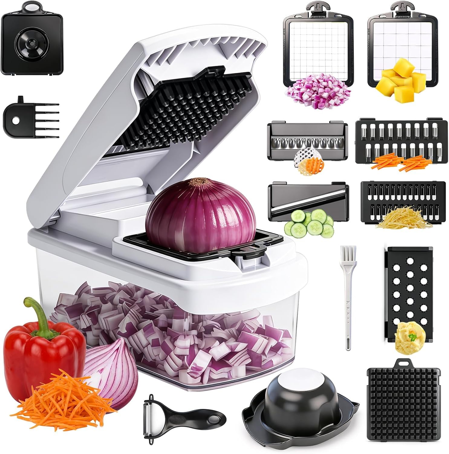 Chkout Vegetable Chopper with Container, 13-in-1 Mandoline Slicer Dicer & Spiralizer, Onion Veggie Chopper, Potato Fry Cutter, Manual Food Chopper, Kitchen Tools Gadgets, Stainless Steel Blades