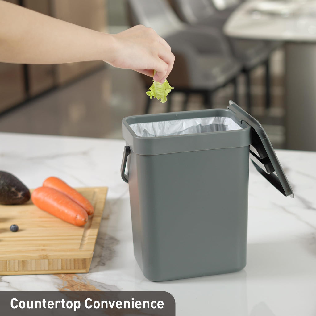 EKO Puro Wall-Mounted Trash Can with Lid, 1.32 Gal / 5L Hanging Trash Can, Small Kitchen Compost Bin for Counter Top, Mini Food Waste Bin (Grey)