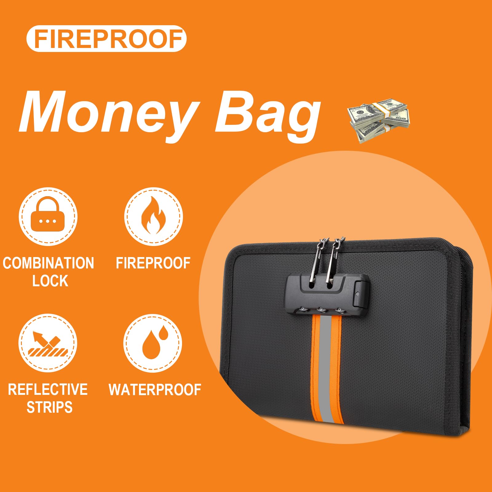 XIAODUN Fireproof Money Bag,Money Bag with Lock and Zipper,Safe Fireproof Waterproof,Suitable for Cash, Mobile Phones, Keys, Credit Cards,（8×1.1×5.7 Inches）