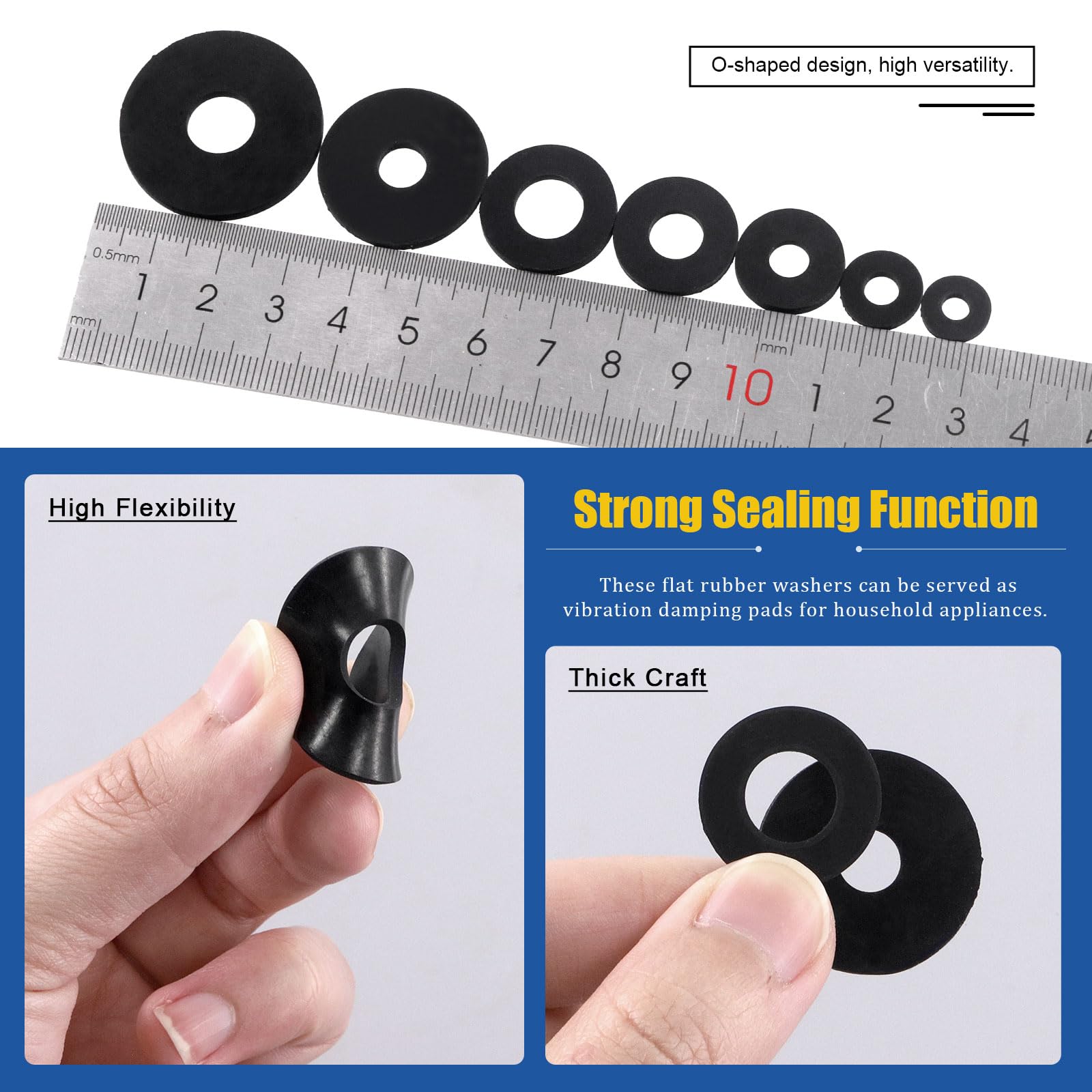 Glarks 175Pcs 7 Sizes Flat Rubber Washers Assortment Kit, 10/12/16/18/20/25/30mm Flat Round Plumbing Washers Heavy Duty Black Rubber Washers Vibration Damping Grommets for Faucet Pipe Hose Repair