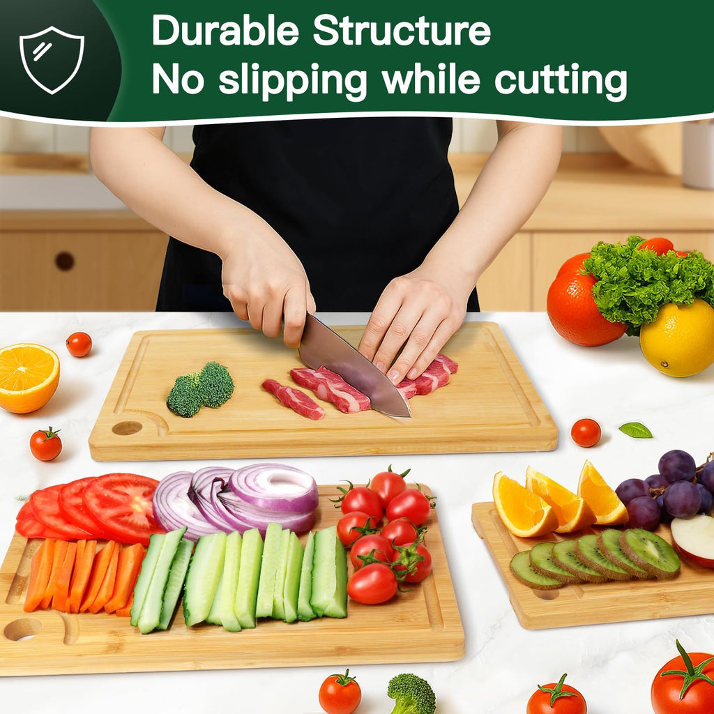 Bamboo Cutting Board [Set of 3], Wooden Cutting Boards for Kitchen, Wood Cutting Boards with Deep Juice Groove & Side Handles,Charcuterie Board for Meat, Ideal for Meal Prep and Chopping