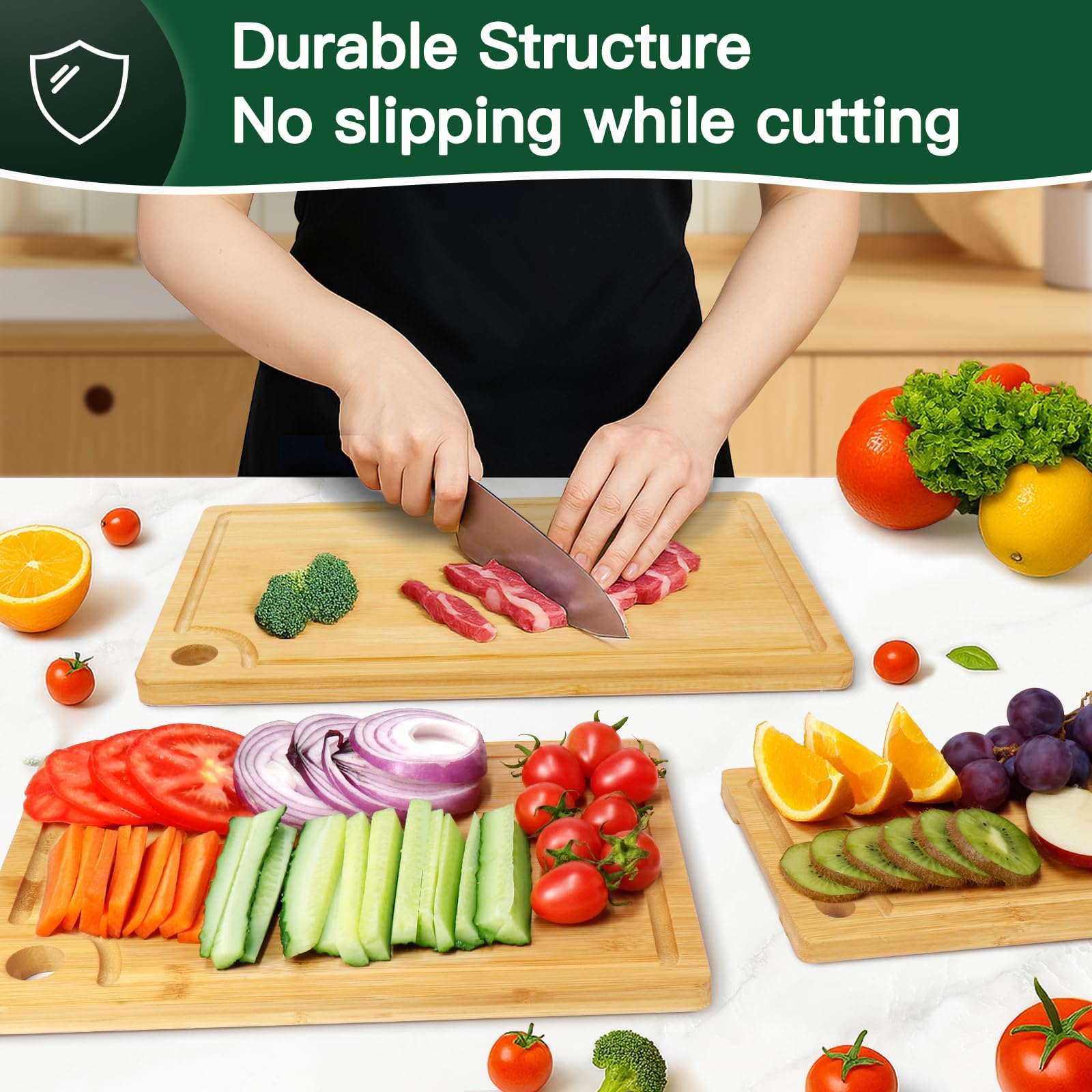 Bamboo Cutting Board [Set of 3], Wooden Cutting Boards for Kitchen, Wood Cutting Boards with Deep Juice Groove & Side Handles,Charcuterie Board for Meat, Ideal for Meal Prep and Chopping