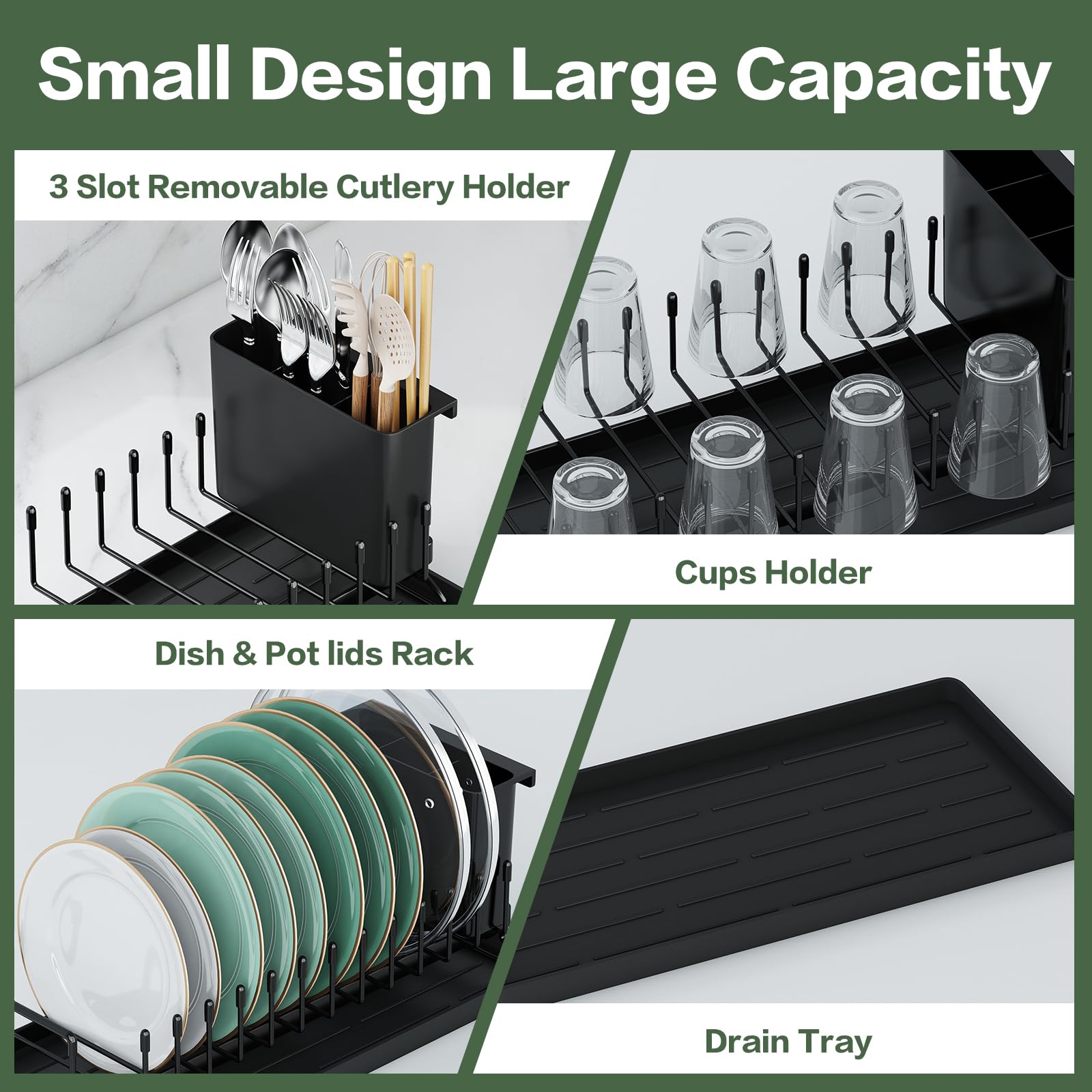 Small Dish Drying Rack, Aufworld Compact Dish Rack with Silicone Drying Mat, Stainless Steel Dish Drainer with Utensil Holder, Space Saving Drain Rack for Kitchen Counter, RVs, Apartments (Countertop)