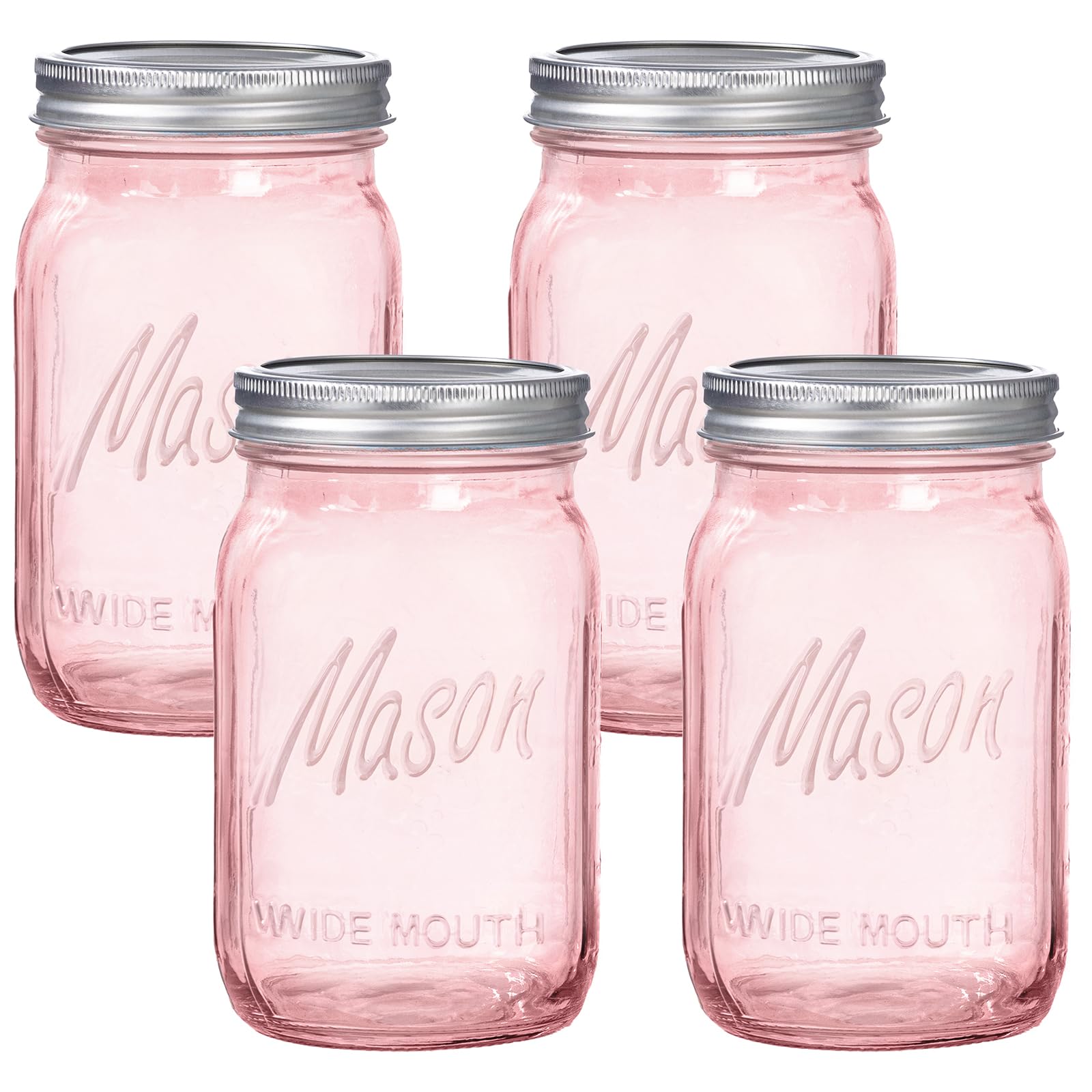 I00000 Pink Mason Jars 32 oz,4 Pack Wide Mouth Mason Jars for Safe Storage,Fermenting,Pickling,DIY,Crafts Decoration
