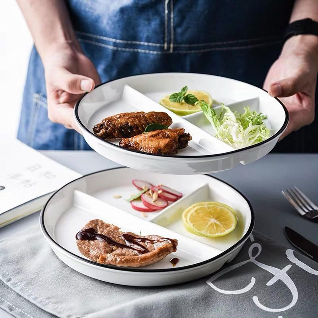 Divided Plates for Adults (2 Packs),Ceramic Portion Control Plate Sectioned with Dividers,Round 9 Inch 3 Compartment Food Separator Dinner Plates BPA Free Reusable Dishwasher Microwave Safe