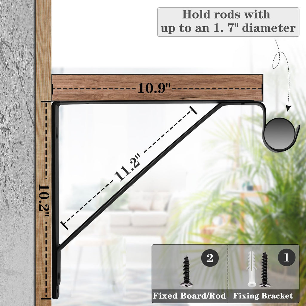 Closet Rod Bracket, Heavy Duty Shelf Bracket with Rod Holder, 10.9X 10.2 inch Black Closet Rod Support Wall Mounted Clothes Hanger Pole Support Hooks, 2 Pack