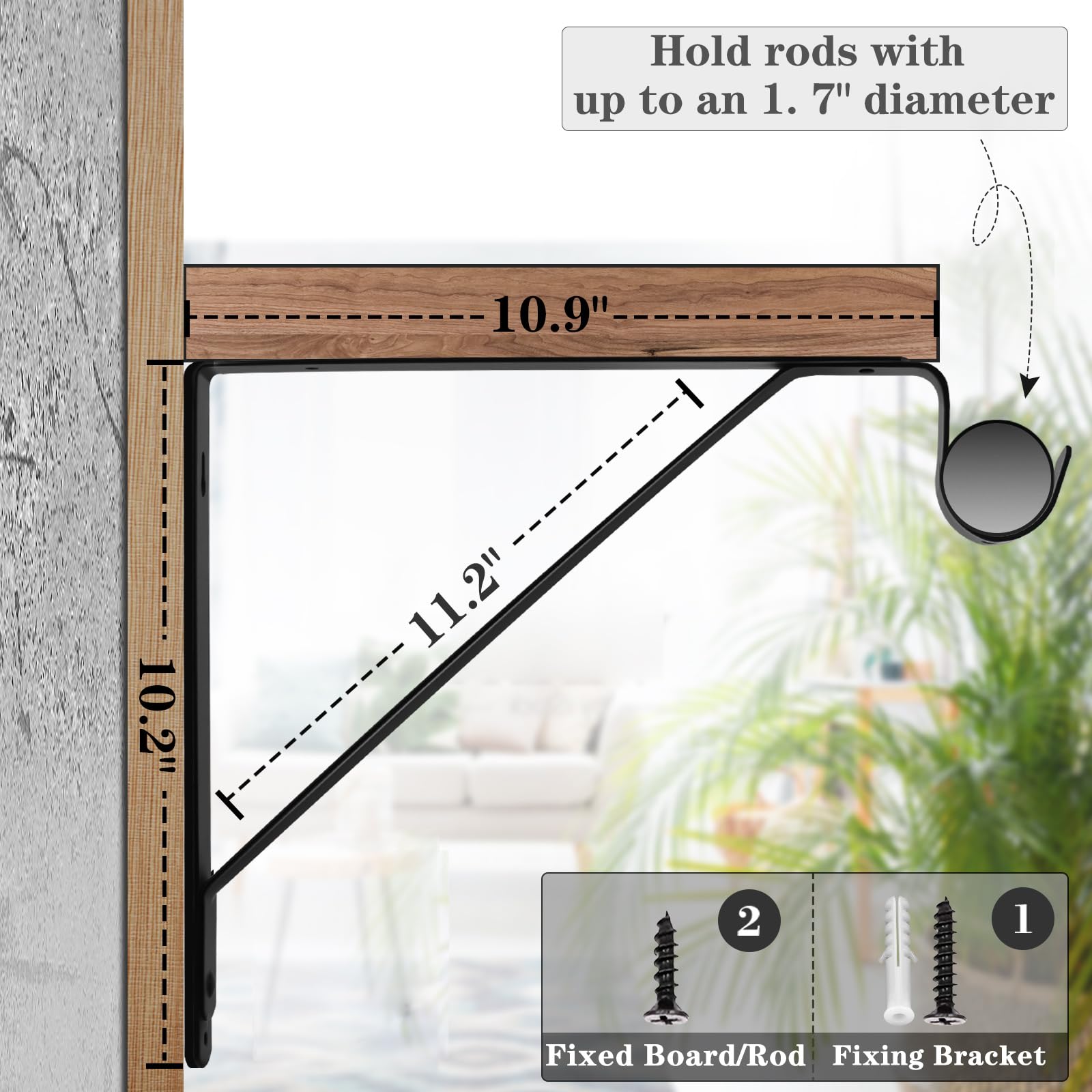 Closet Rod Bracket, Heavy Duty Shelf Bracket with Rod Holder, 10.9X 10.2 inch Black Closet Rod Support Wall Mounted Clothes Hanger Pole Support Hooks, 2 Pack