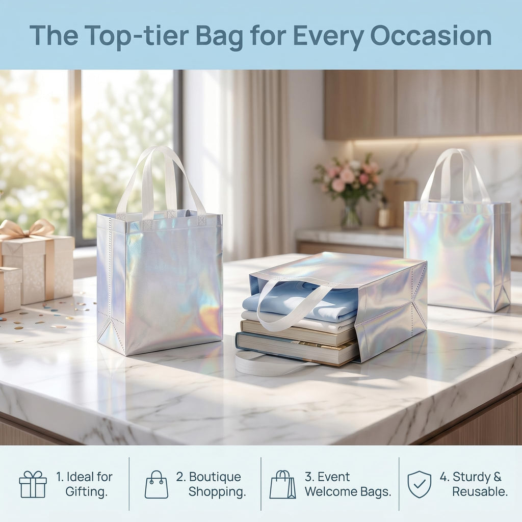TOPZEA 40 Pack 10 x 8 Inch Glossy Reusable Grocery Bags, Non-woven Tote Shopping Bags with Handle, Bridesmaid Bag Stylish Foldable Gift Goodie Bag for Small Business, Wedding, Easter, Birthday