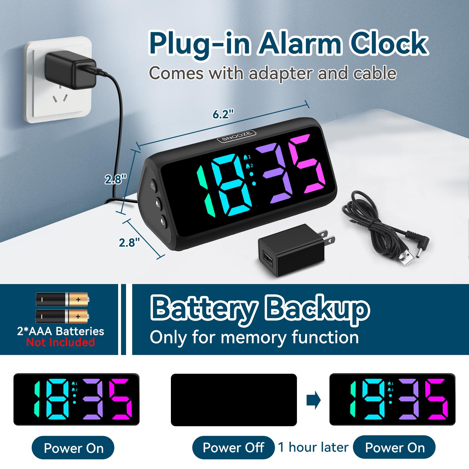Netzu Digital Alarm Clock, RGB Loud Alarm Clocks for Bedrooms Heavy Sleepers Seniors Kids, Plug in Digital Clock with 5 Dimmers, 2 Alarms, 4 Volumes and Snooze (Black)