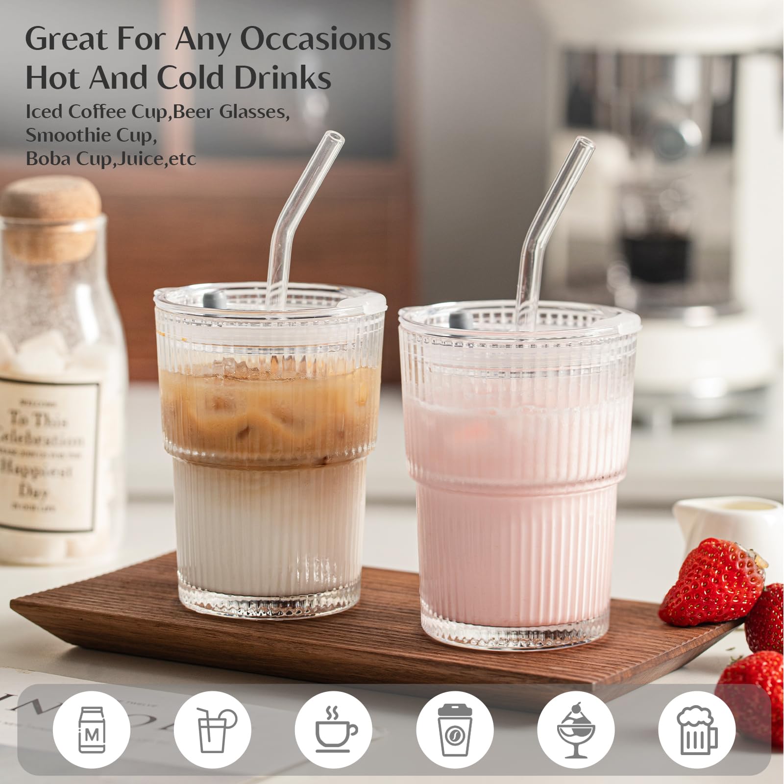 INSETLAN 13oz Glass Tumbler with Lid and Straw 2 Pack - Ribbed Glass Cup Iced Coffee Glasses, Clear Leakproof Tumbler Cup for Smoothies, Iced Latte,Matcha, Cold Drinks (2)
