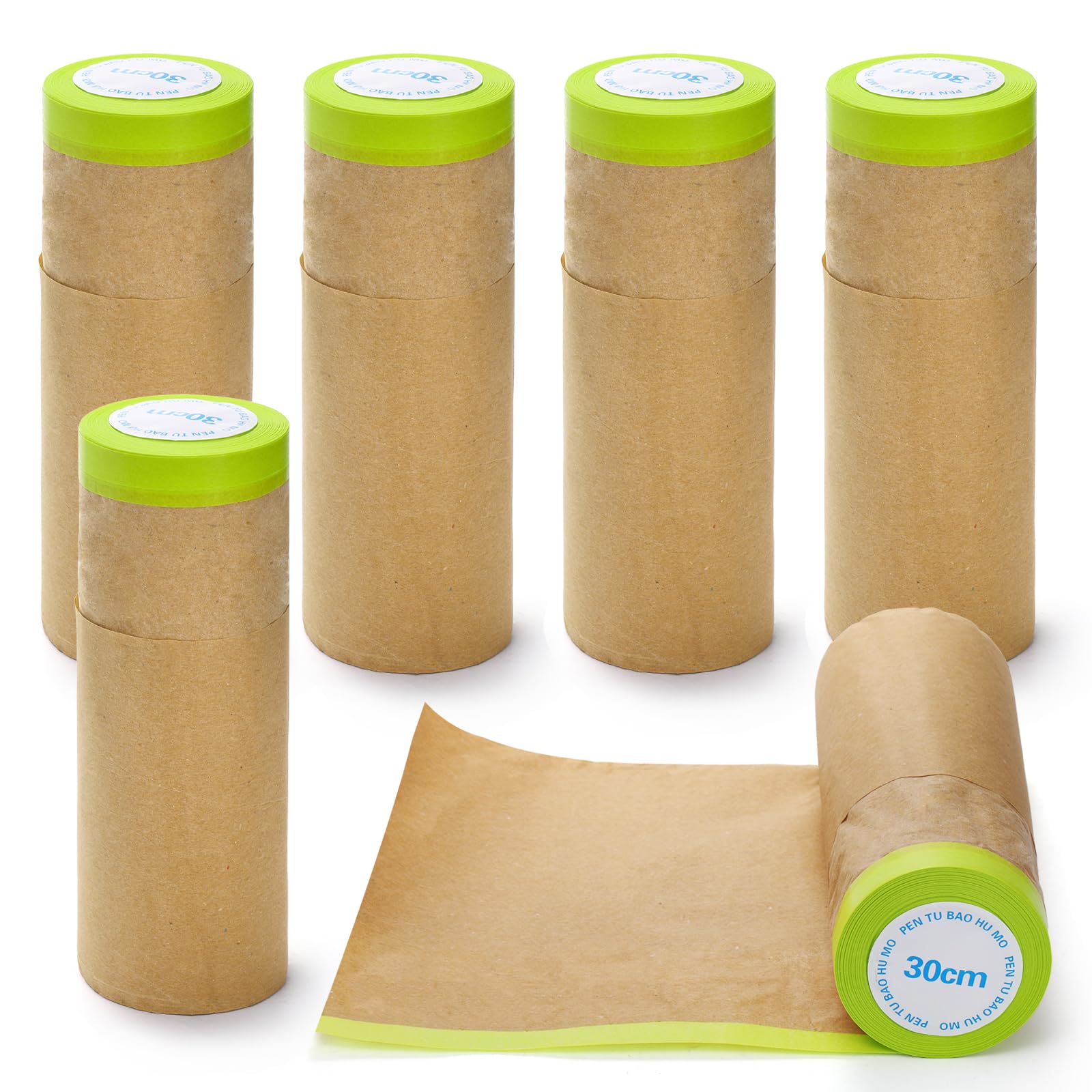 Jucoan 6 Rolls Masking Paper, Pre-Taped Masking Papers for Painting, 12 Inch x 30 Feet Tape and Drape Automotive Paint Masking Paper for Car Wall Frame Floor Furniture Protection