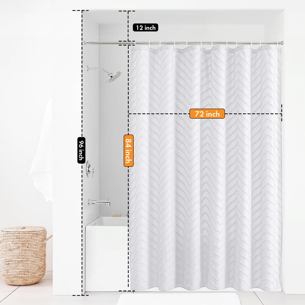 Extra Long Shower Curtains 72 x 84 Inches White Tufted Chevron Striped Fabric Shower Curtains for Bathroom Modern Shabby Chic Waterproof Cloth Shower Curtain Set with Hooks, White