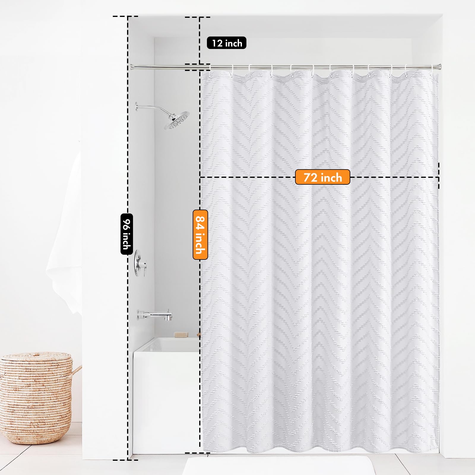 Extra Long Shower Curtains 72 x 84 Inches White Tufted Chevron Striped Fabric Shower Curtains for Bathroom Modern Shabby Chic Waterproof Cloth Shower Curtain Set with Hooks, White