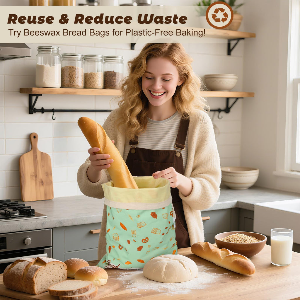 Reusable Beeswax Bread Bags for Homemade Bread 2 Pack, 17 x 13 inch, Natural Lined Cotton Beeswax Bags for Freezer & Refrigerator, Sourdough Bag, Bread Storage Bags Freshness Lock, Bakery Essentials